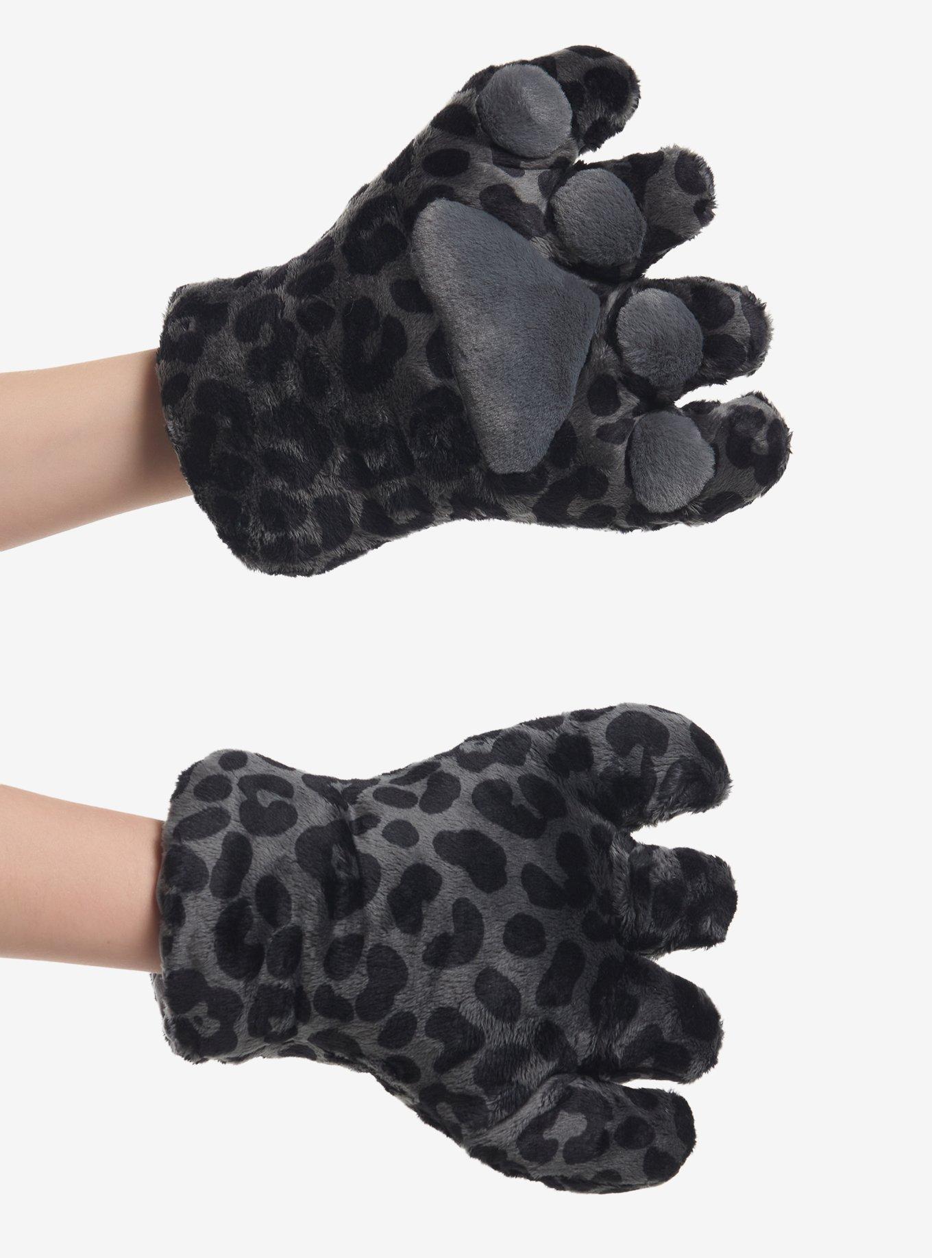 Black Leopard Fuzzy Paw Gloves, , hi-res