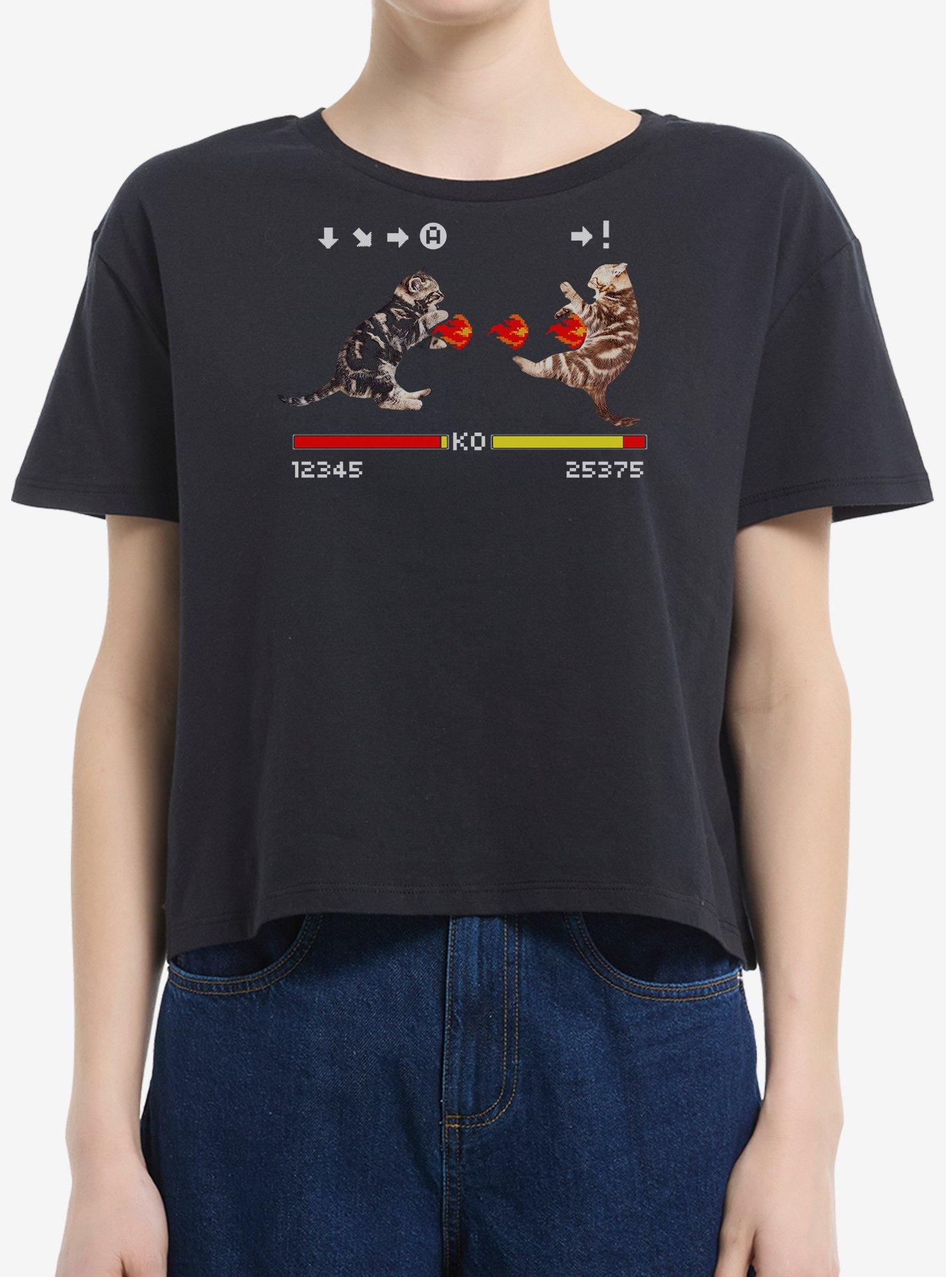 Cat Fight Video Game Girls Boxy Crop T-Shirt, CAVIAR, hi-res