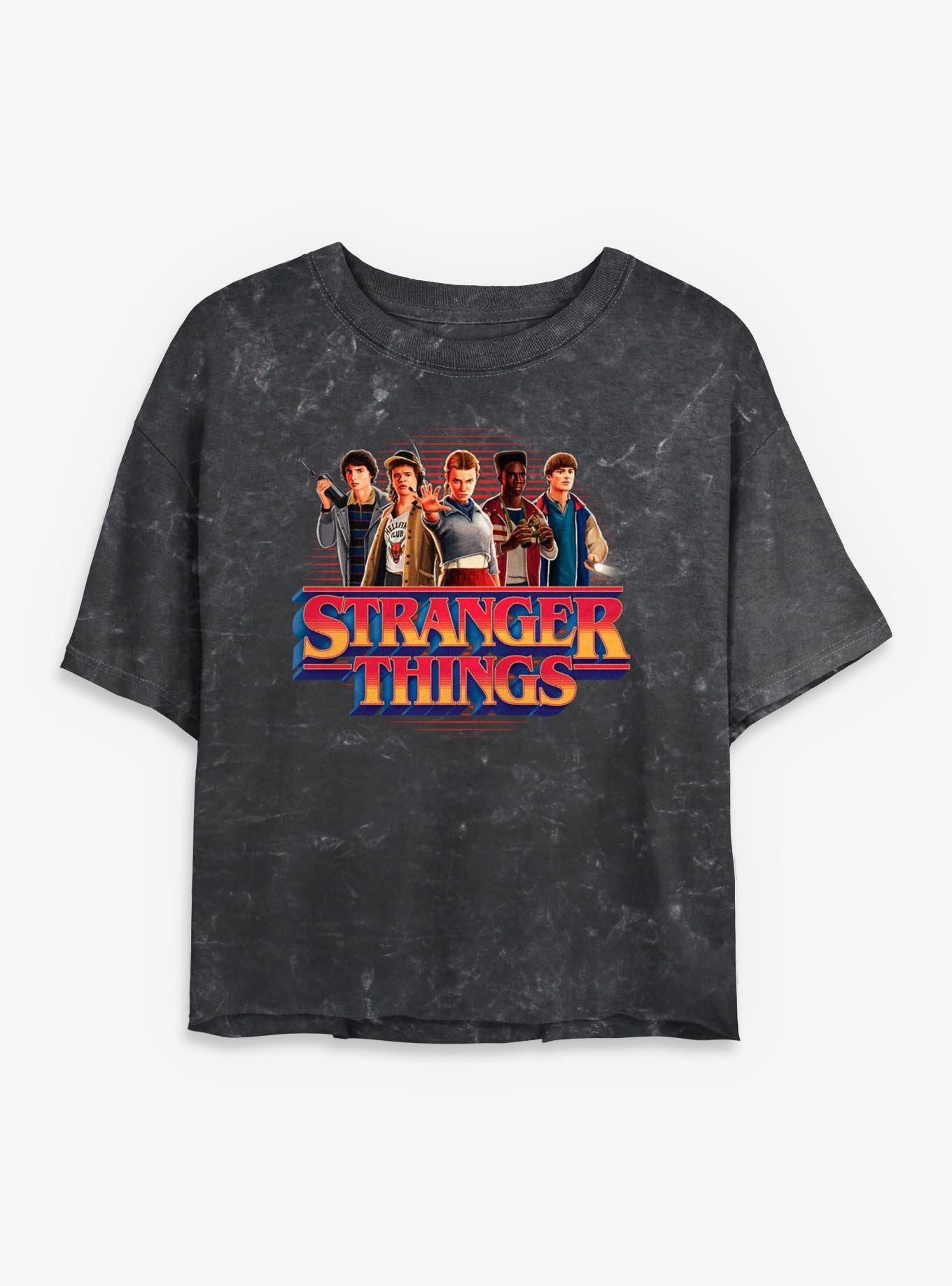 Stranger Things Crew Girls Mineral Wash Crop T-Shirt, BLACK, hi-res
