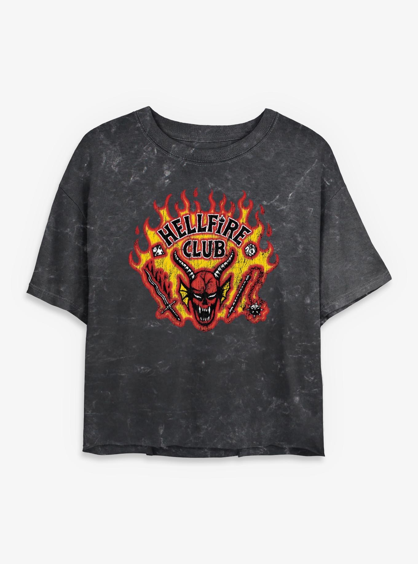 Stranger Things Hellfire Club Distressed Logo Girls Mineral Wash Crop T-Shirt, BLACK, hi-res