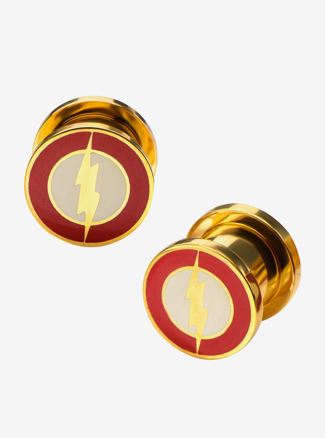 DC Comics Flash Logo Front Screw Fit 2G Gold PVD Steel Plug, , hi-res
