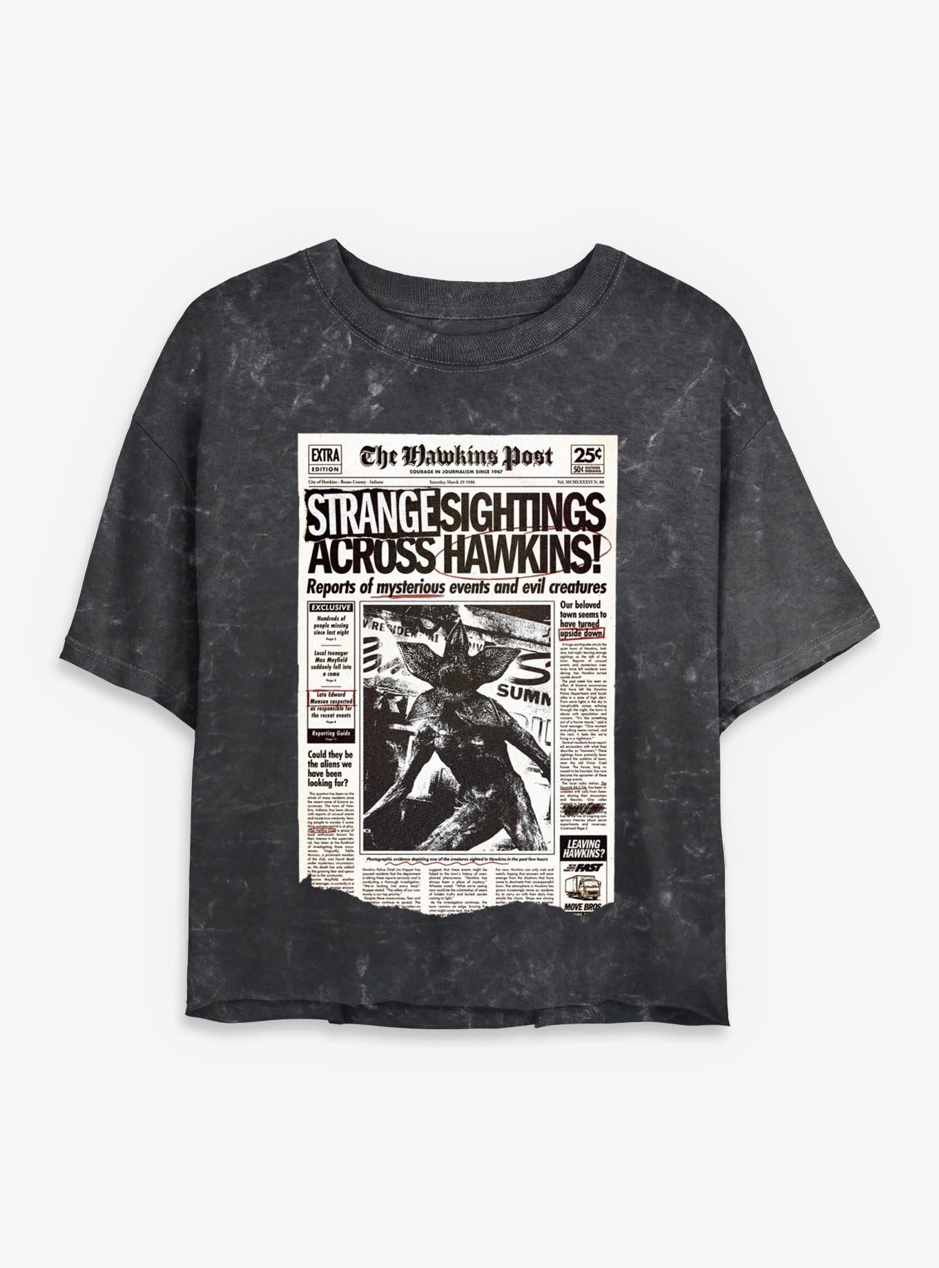 Stranger Things Strange Sightings Across Hawkins Womens Mineral Wash Crop T-Shirt, , hi-res