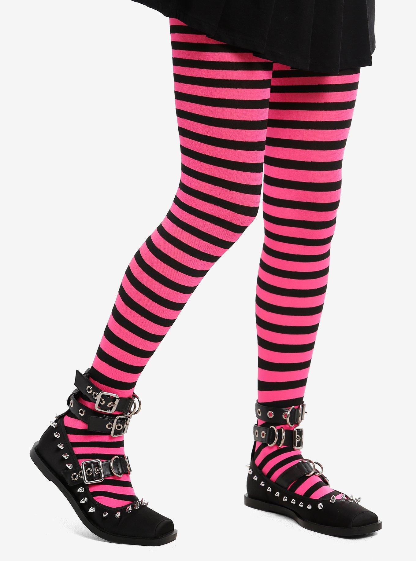 Neon Pink & Black Stripe Tights, , hi-res