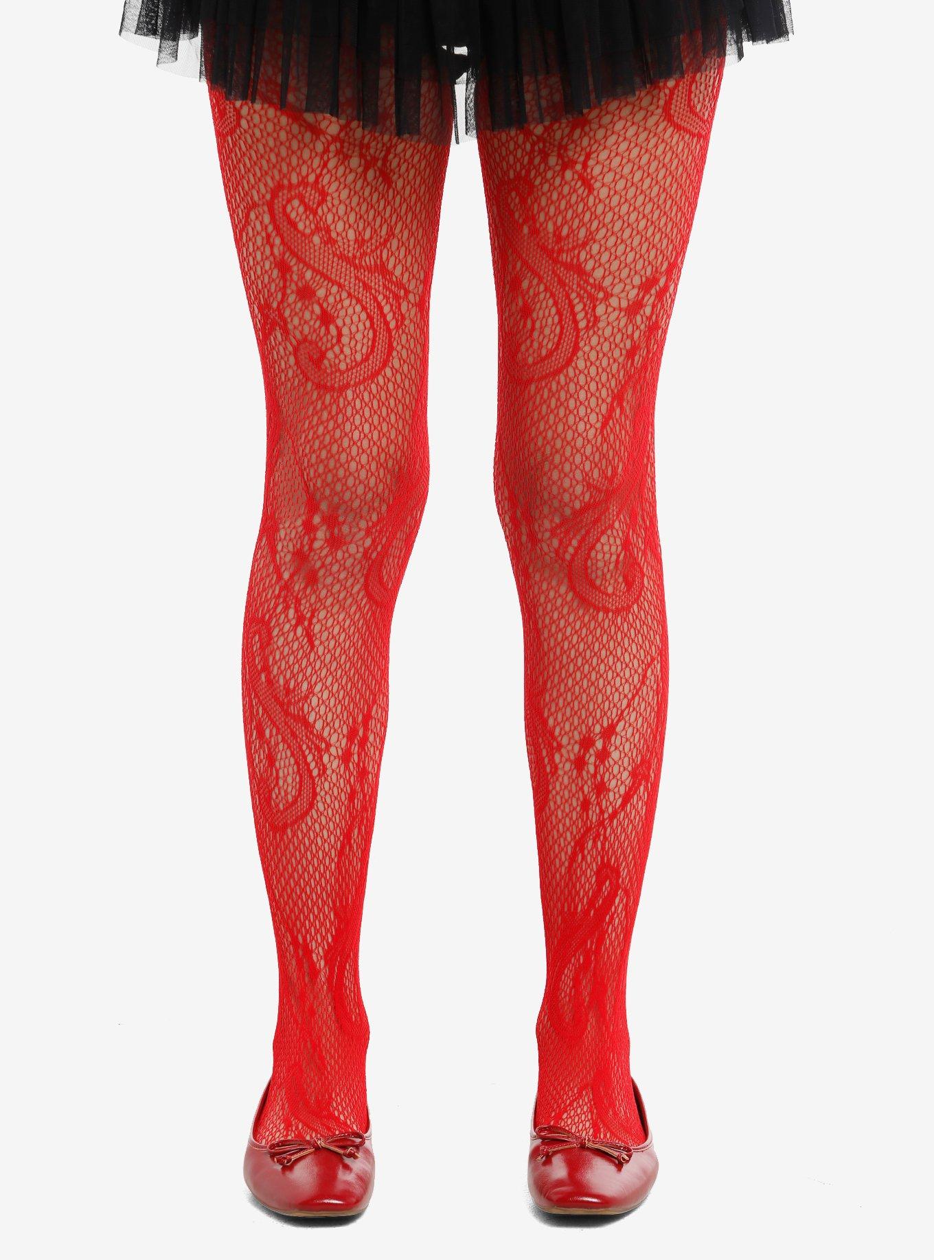 Red Filigree Fishnet Tights, , hi-res