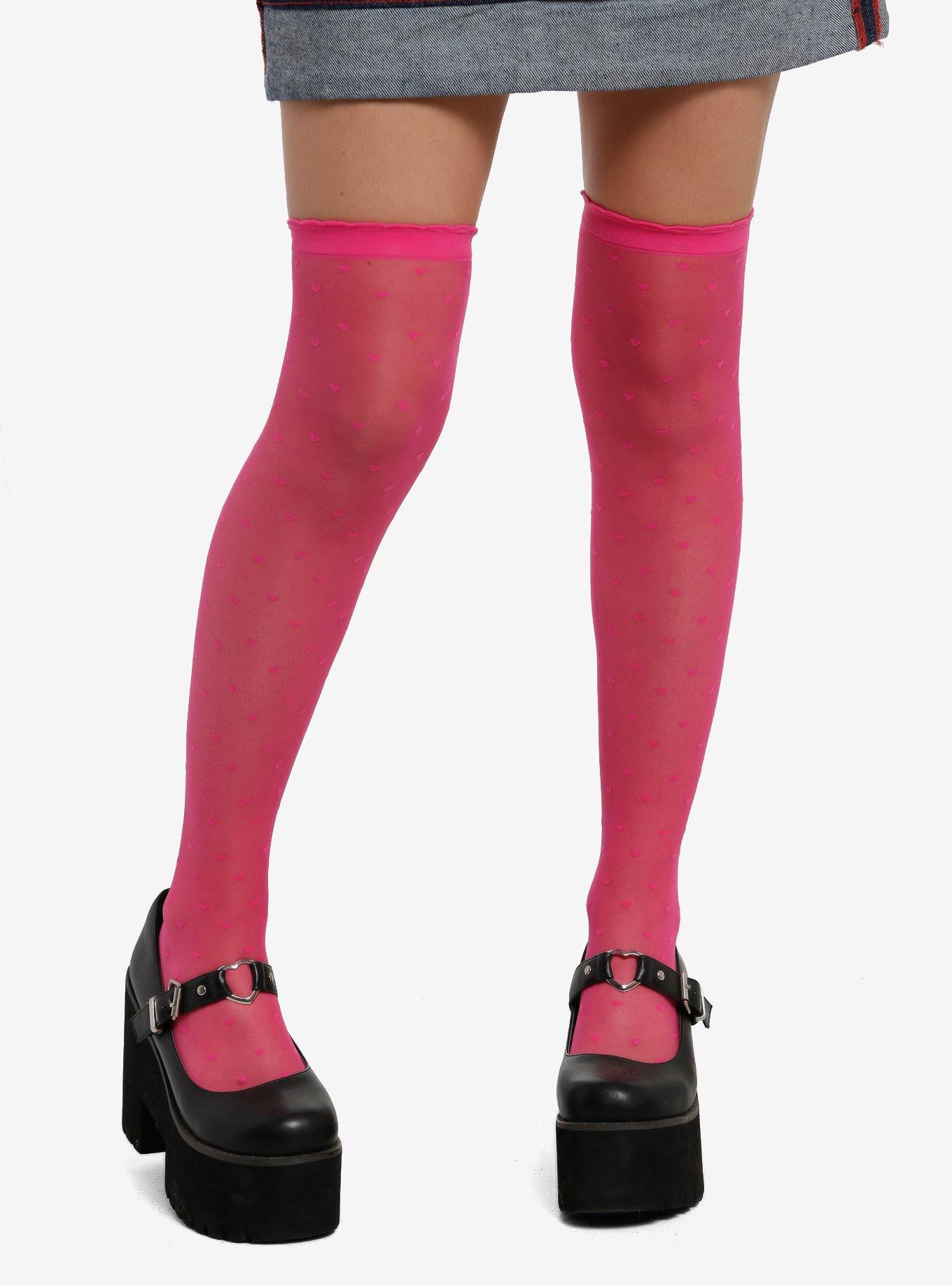 Hot Pink Hearts Sheer Thigh Highs, , hi-res
