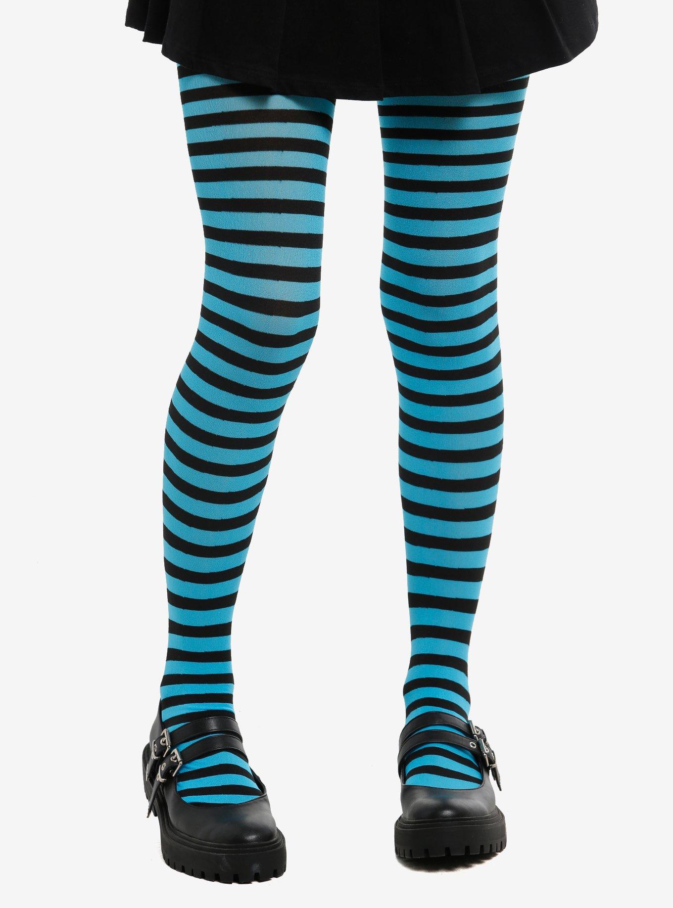 Neon Blue & Black Stripe Tights, , hi-res