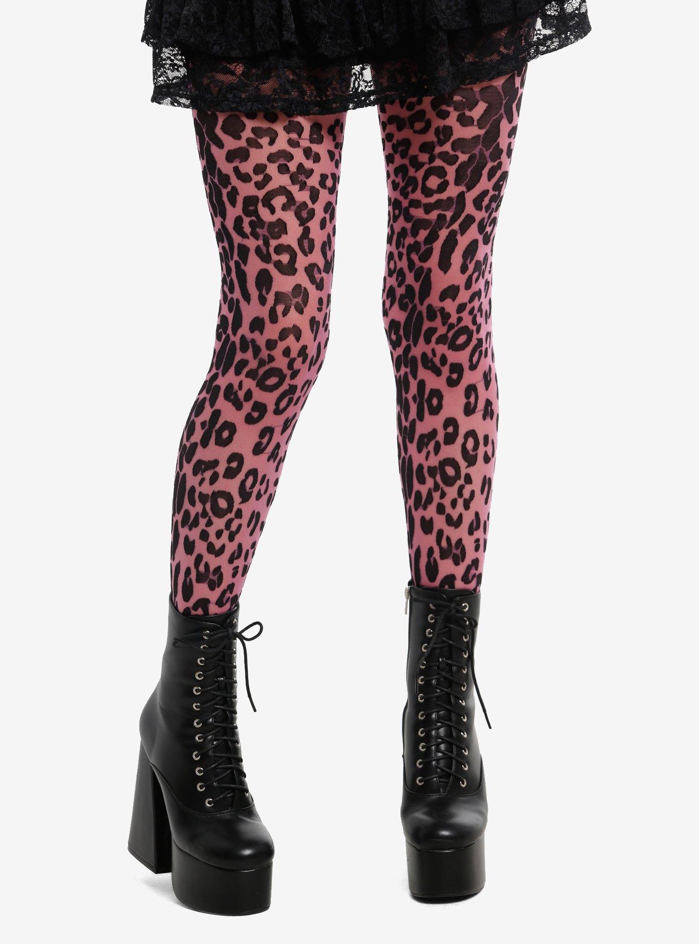 Neon Pink & Black Leopard Spot Tights, , hi-res