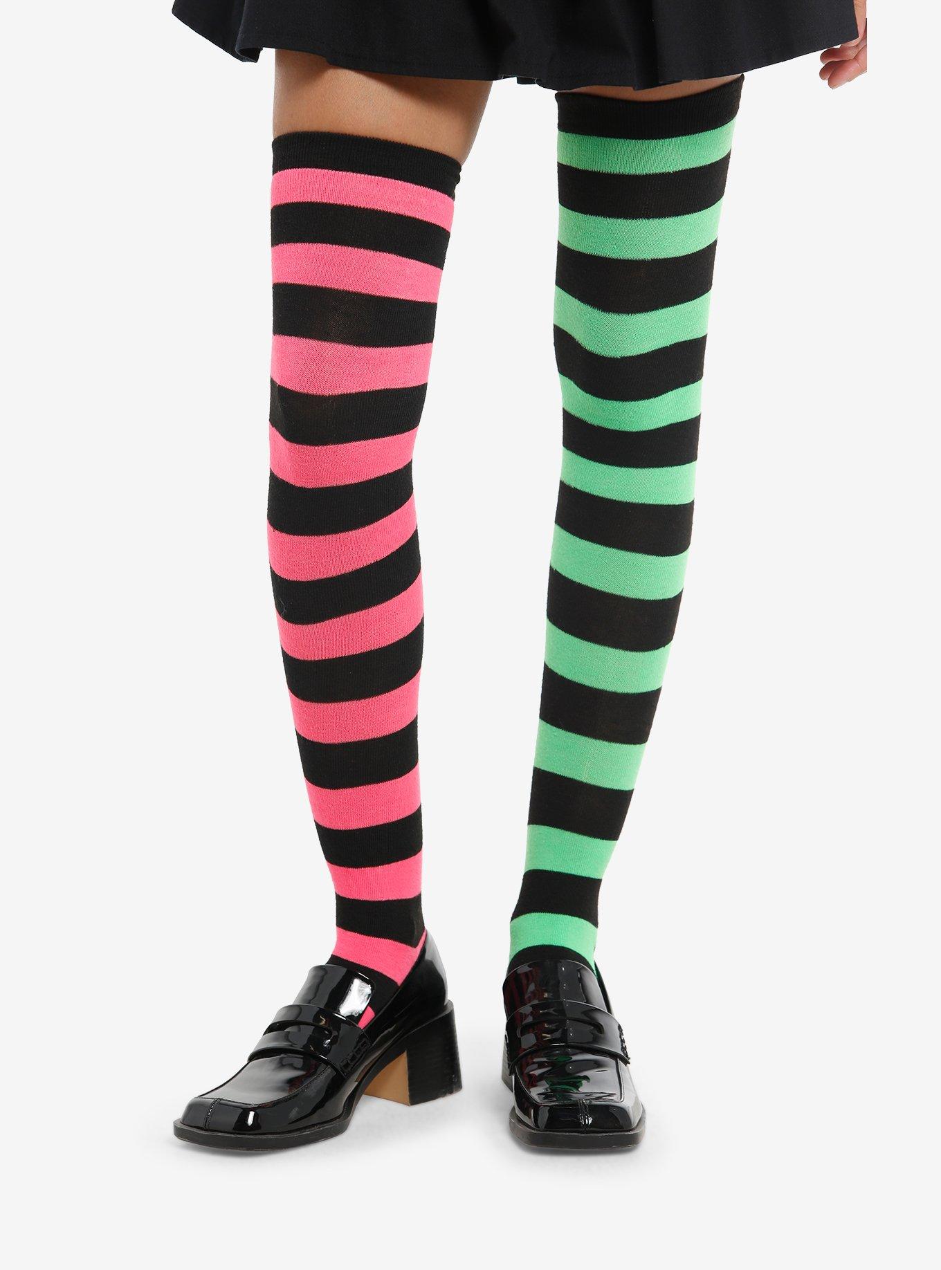 Pink & Green Stripe Over-The-Knee Socks, , hi-res