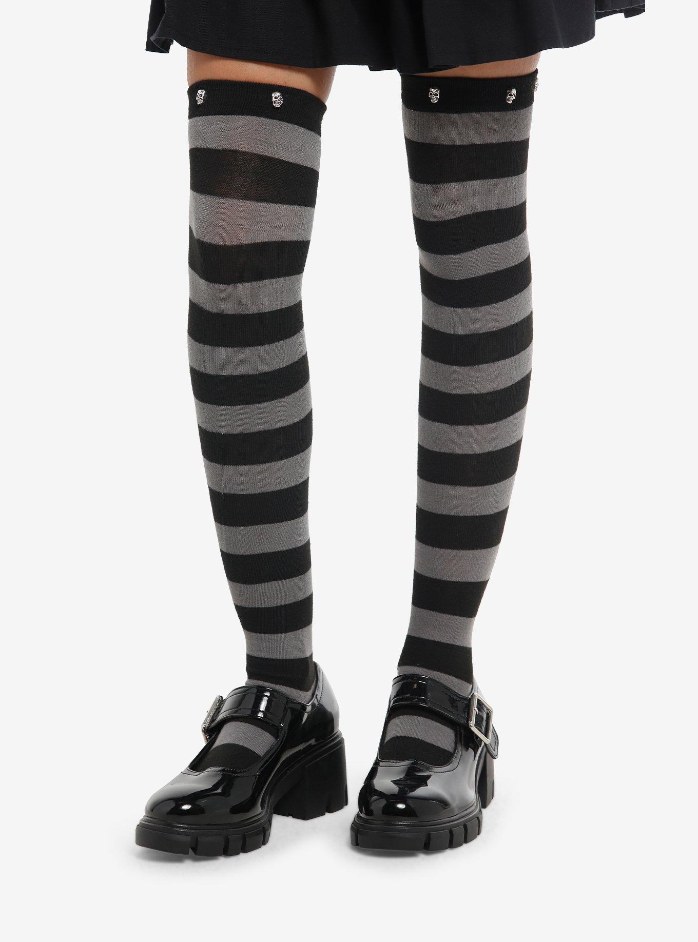 Black & Grey Stripe Skull Over-The-Knee Socks, , hi-res