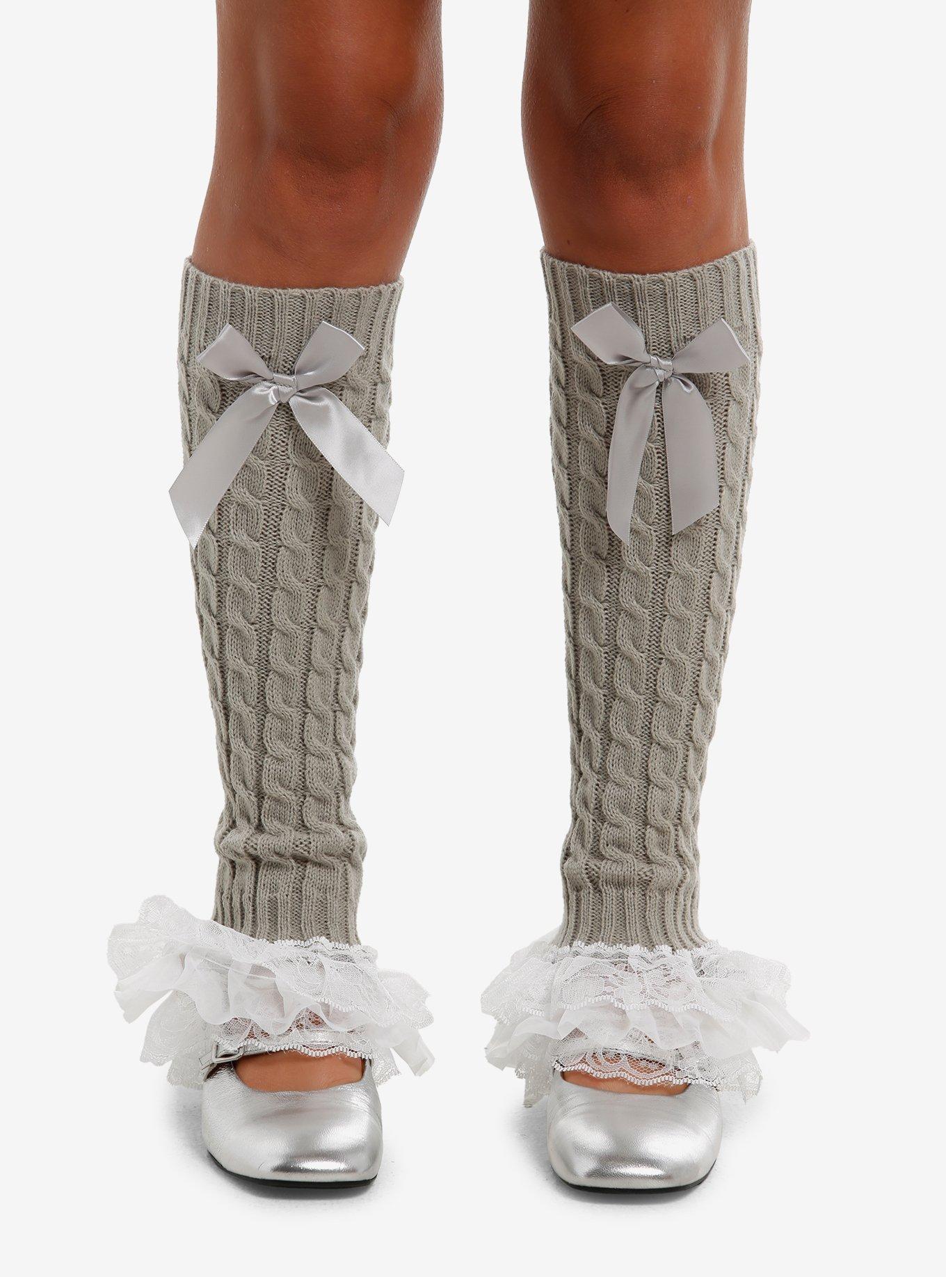 Grey Bow Lace Knit Leg Warmers, , hi-res