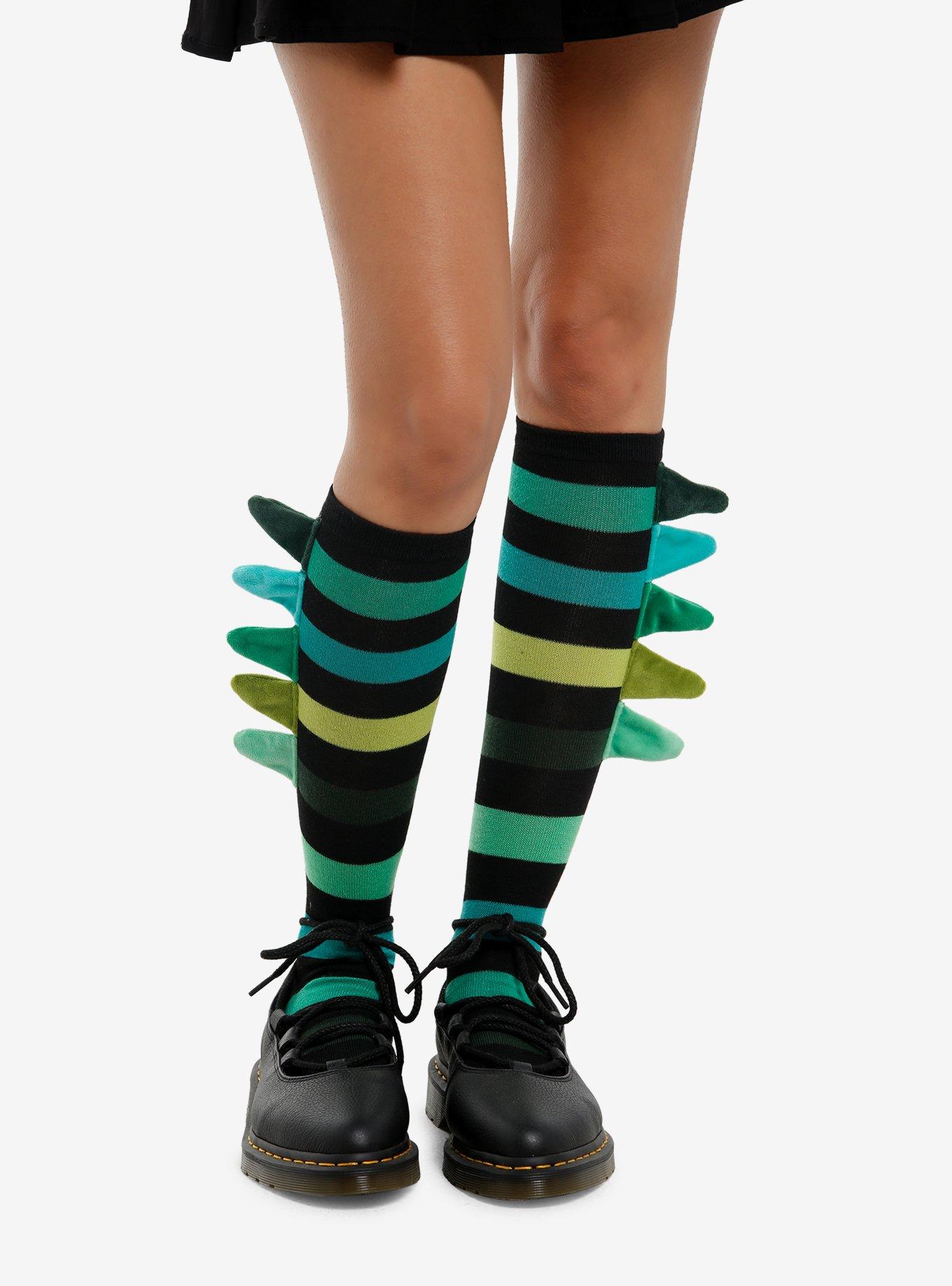 Green & Black Stripe Dinosaur Spike Knee-High Socks, , hi-res