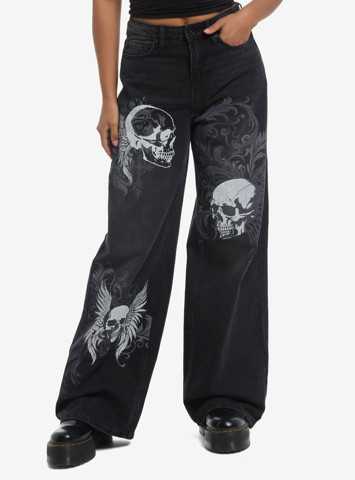 Social Collision Skulls & Filigree Girls Wide Leg Jeans, , hi-res