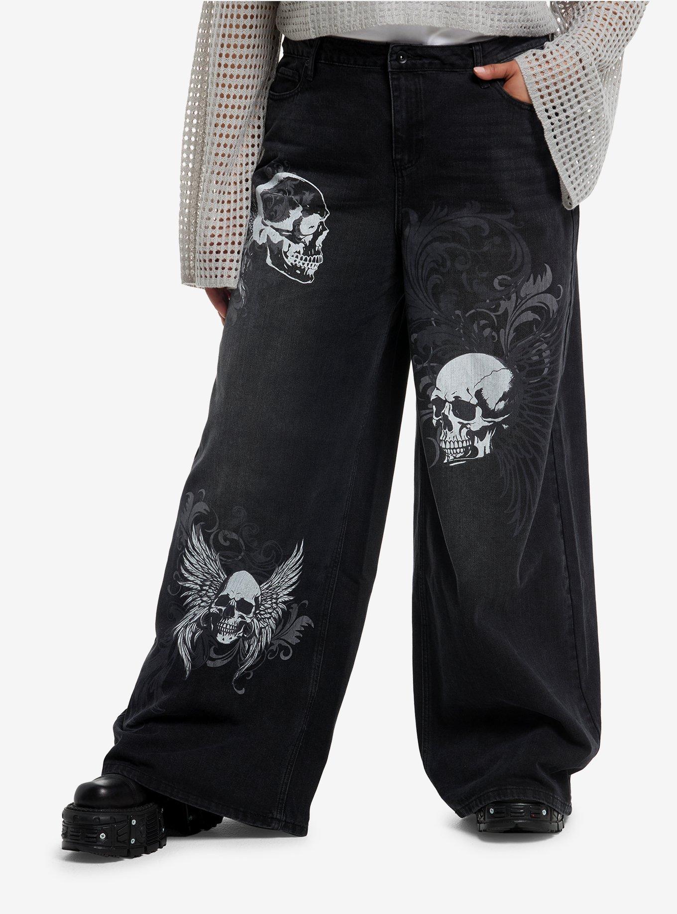 Social Collision Skulls & Filigree Girls Wide Leg Jeans Plus Size, , hi-res