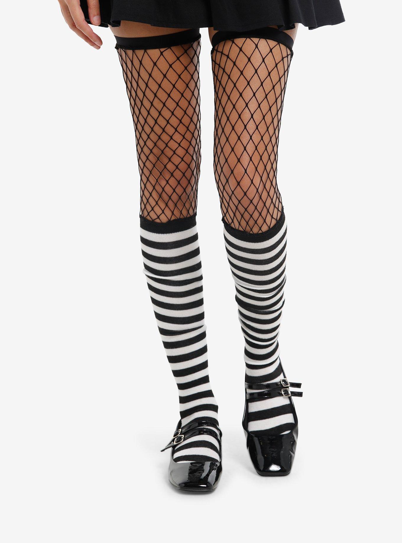 Black & White Stripe Fishnet Thigh-High Socks, , hi-res