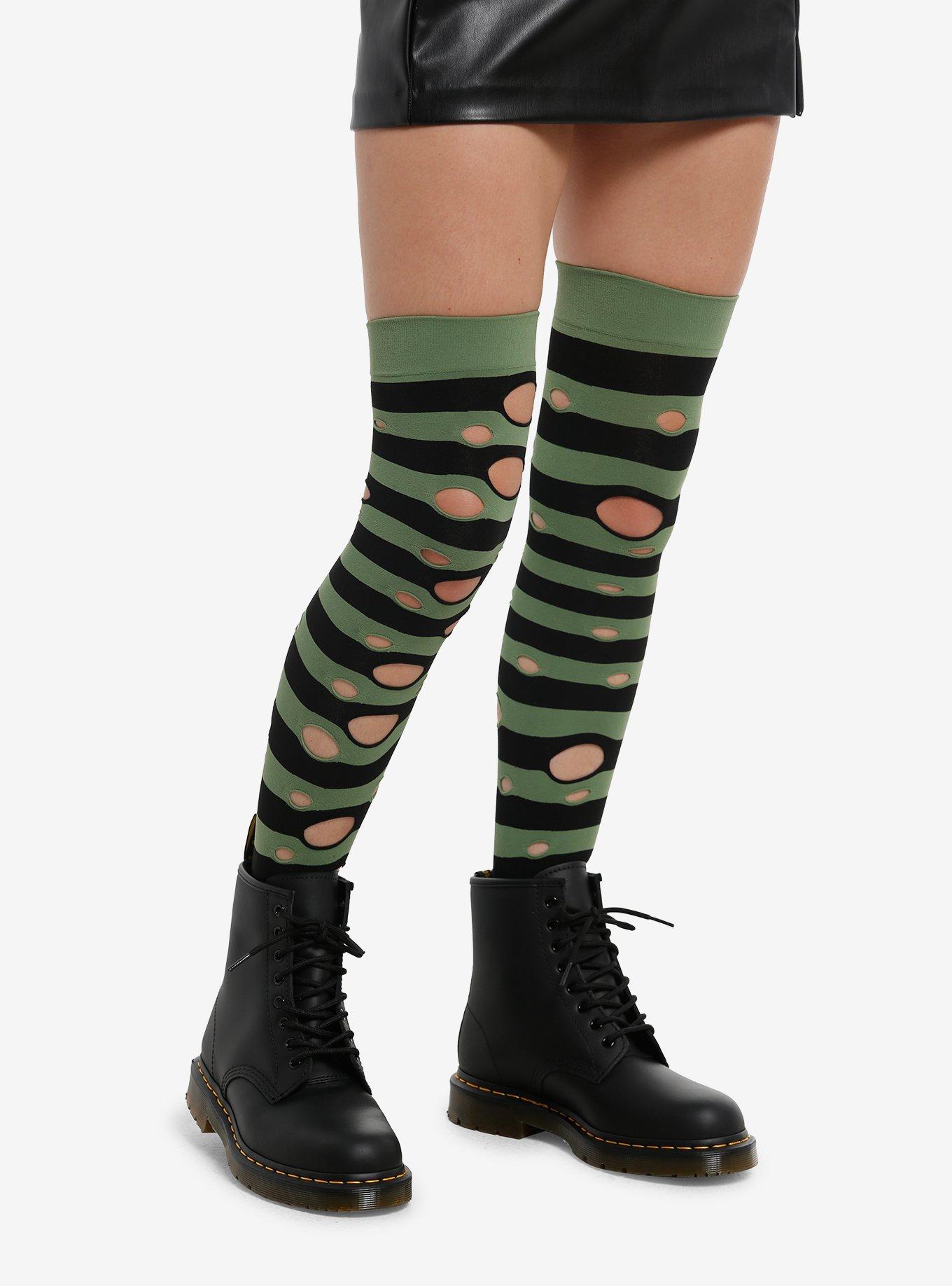 Green & Black Stripe Distressed Over-The-Knee Tights, , hi-res