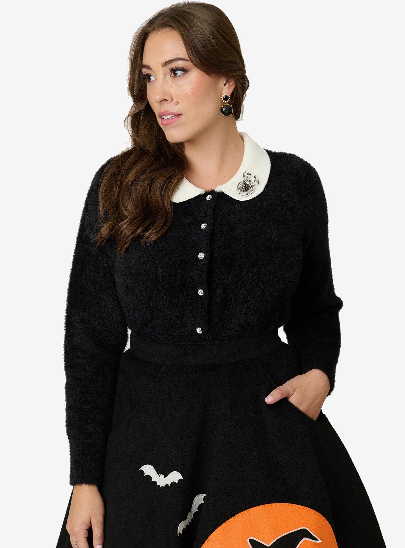 Unique Vintage Black W/Spider Pin Cardigan Sweater with Contrast Collar, , hi-res