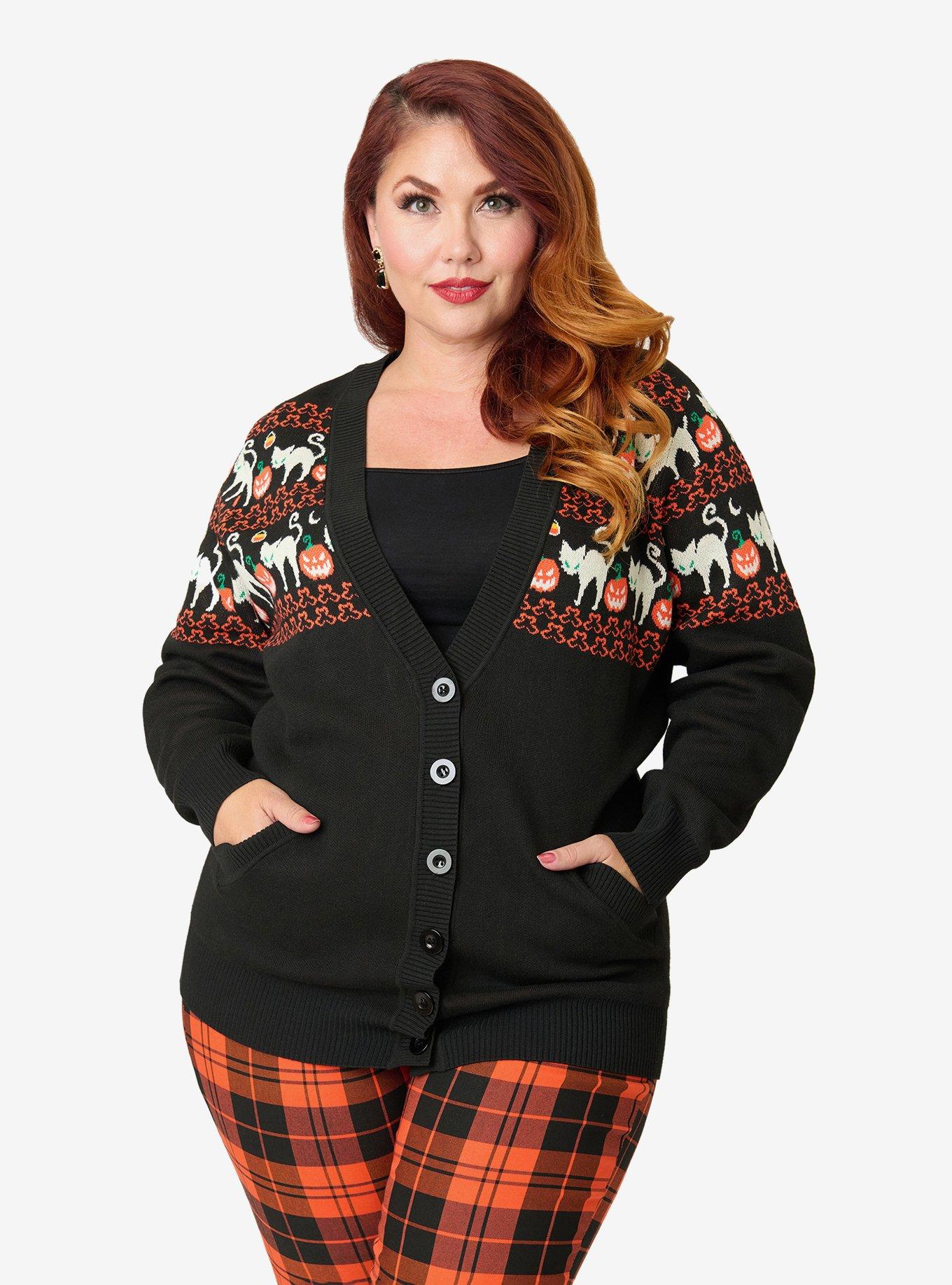 Unique Vintage Plus Size Halloween Cat Cardigan W/Set in Sleeve, , hi-res