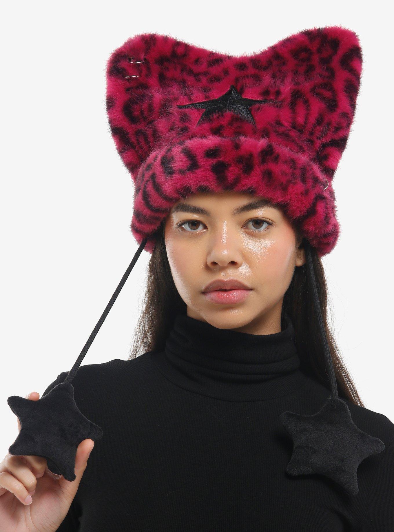 Pink Leopard Ears Star Tassel Beanie, , hi-res