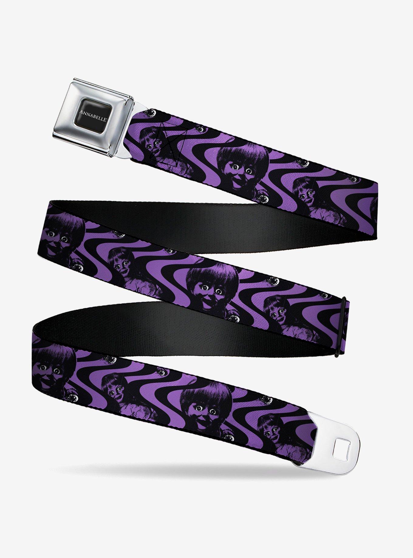 Annabelle Face and Eyeballs Squiggle Black Purple Seatbelt Buckle Belt, , hi-res