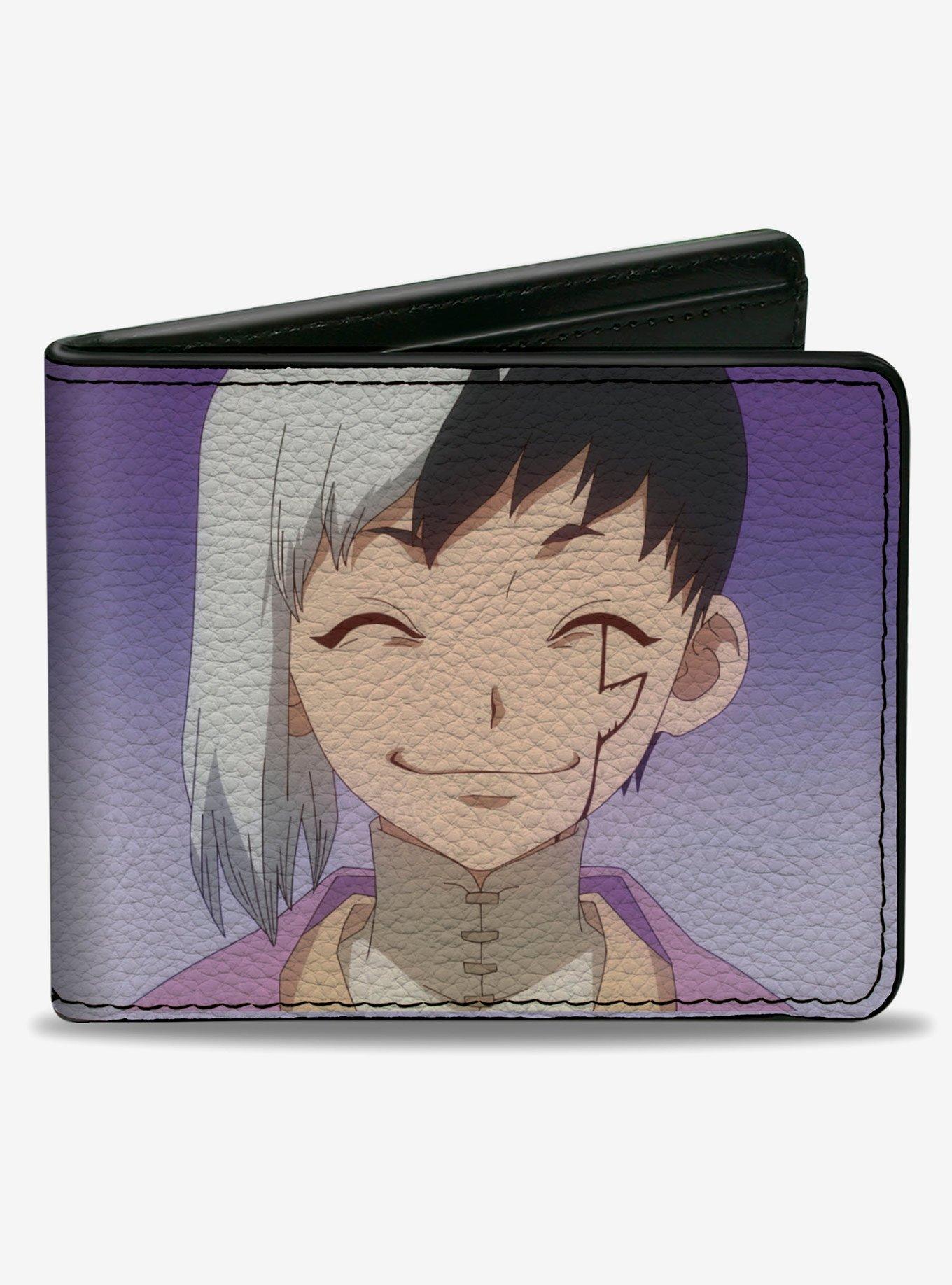 Dr. Stone Gen Asagiri Smiling Pose and Title Logo Purples Bifold Wallet, , hi-res