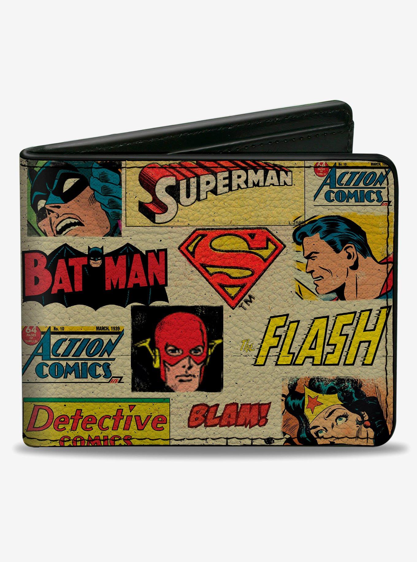 DC Comics Justice League Retro Superhero Faces Logos Collage Bifold Wallet, , hi-res