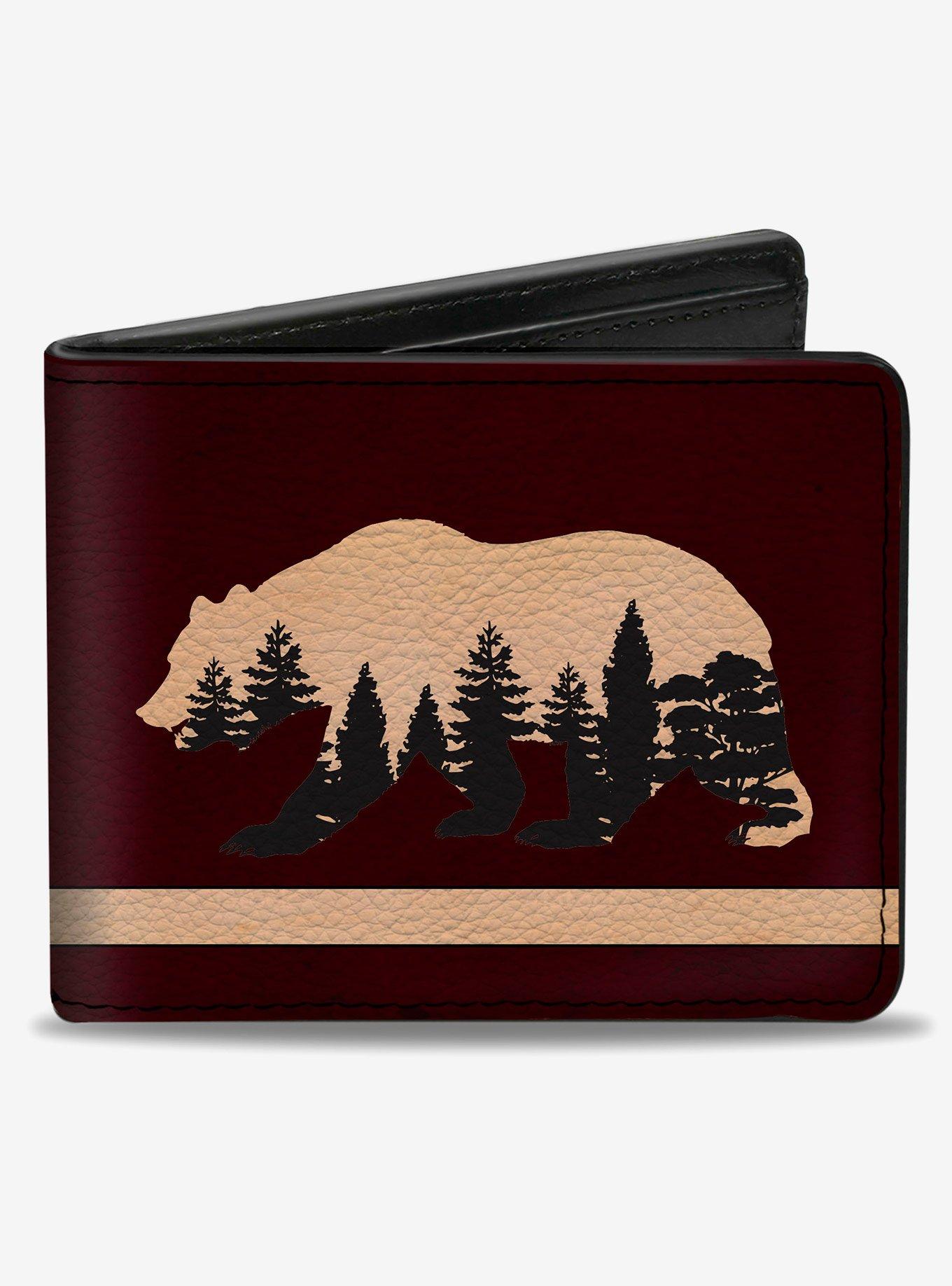 Cali Bear Silhouette with Trees Stripe Burgundy Tan Bifold Wallet, , hi-res