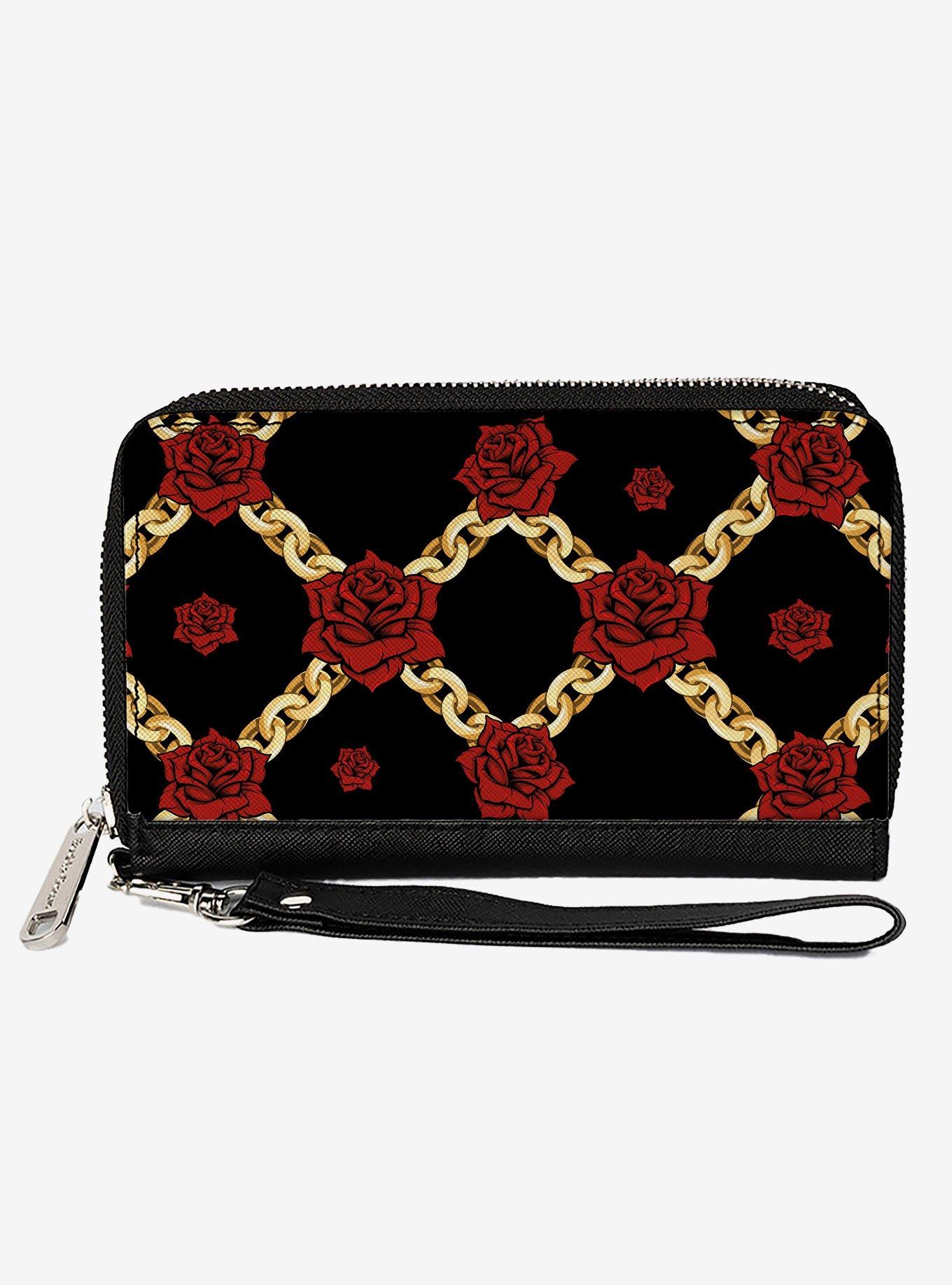 Red Roses and Gold Chain Zip Around Wallet, , hi-res