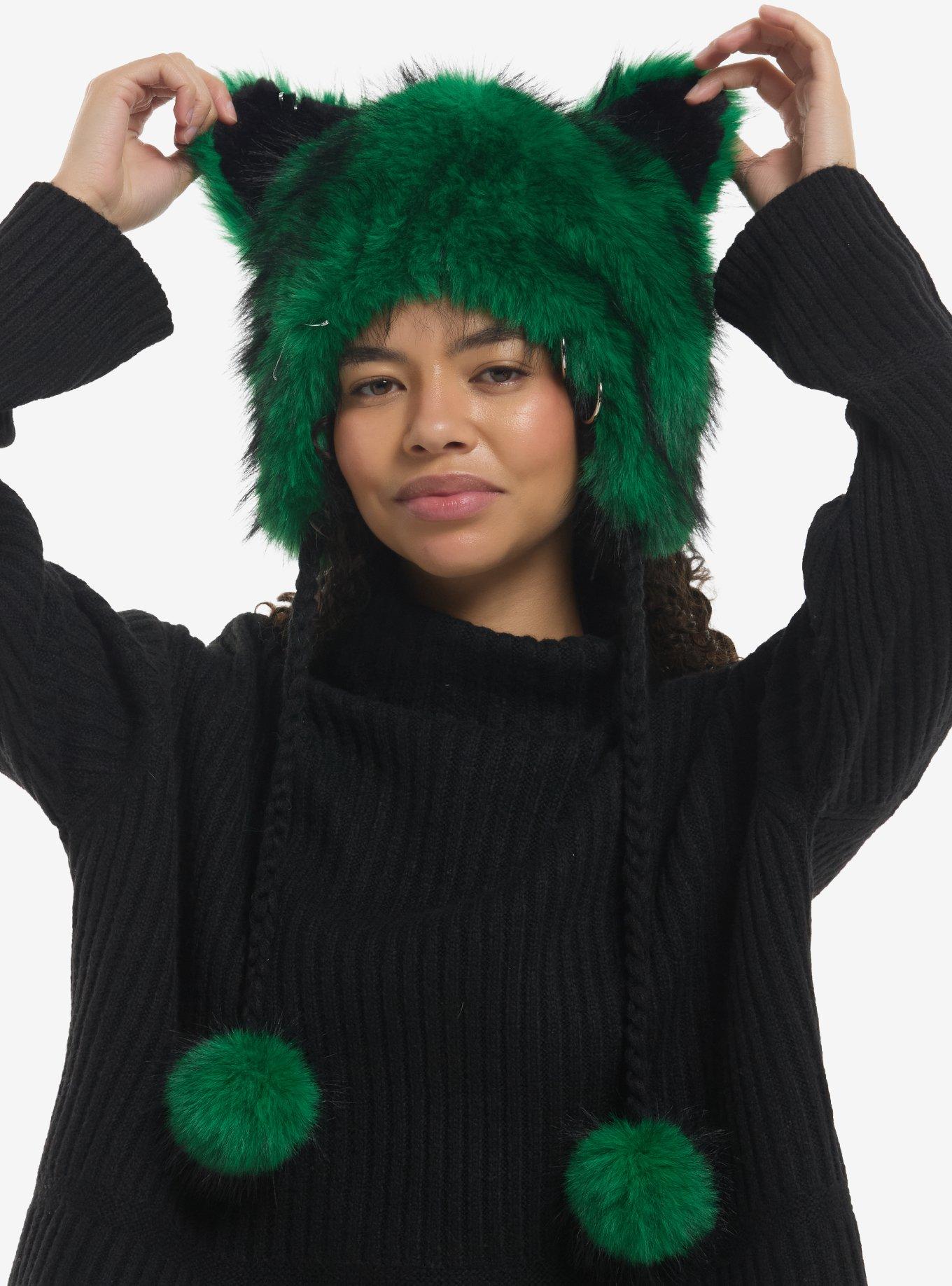 Green & Black Fuzzy Cat Ear Tassel Beanie, , hi-res