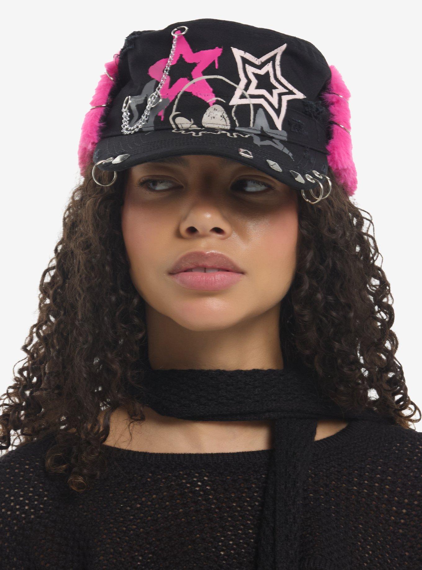 Pink Star Skull Chain Trapper Hat, , hi-res
