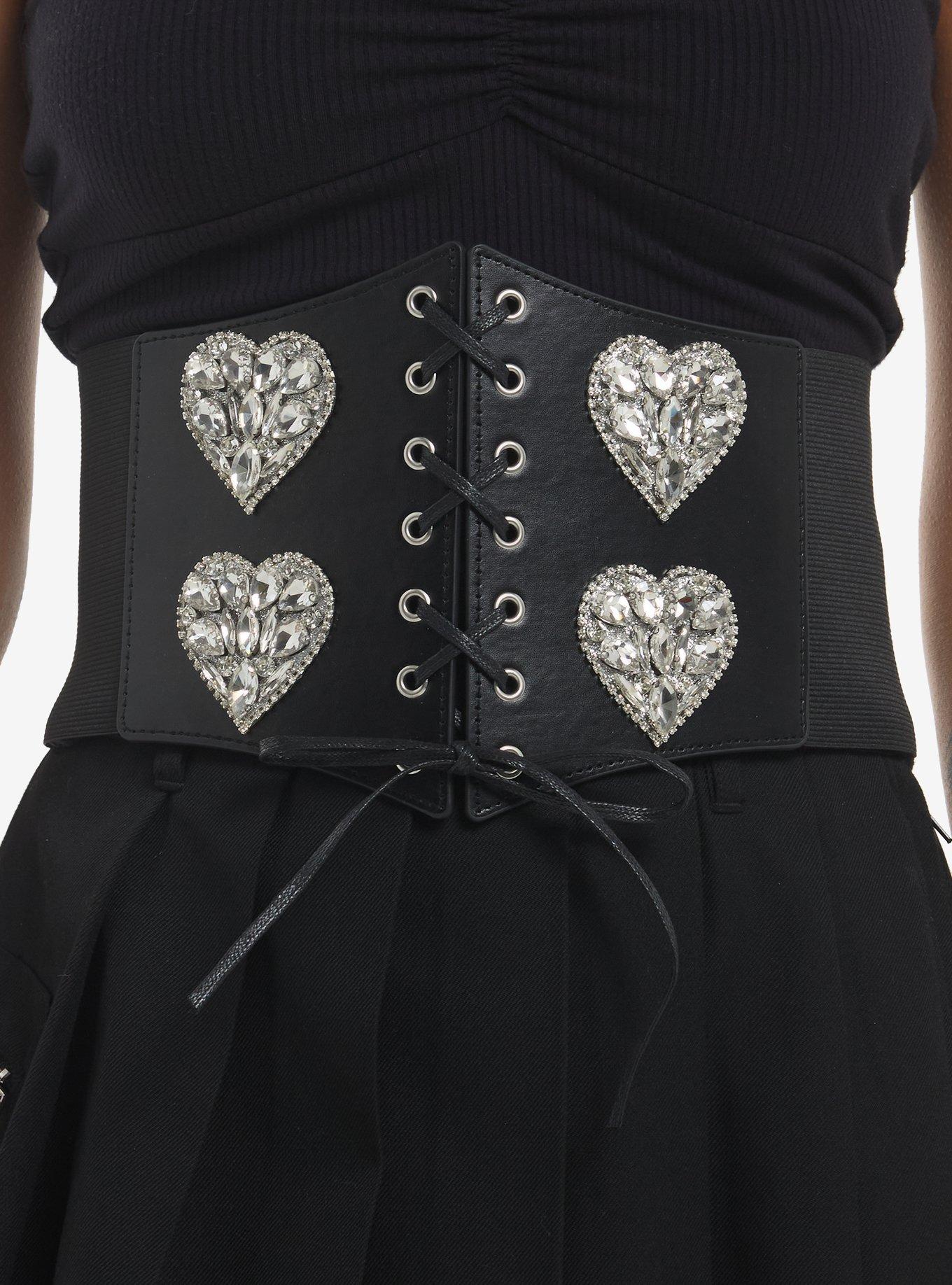 Black Rhinestone Heart Lace-Up Corset Belt, , hi-res