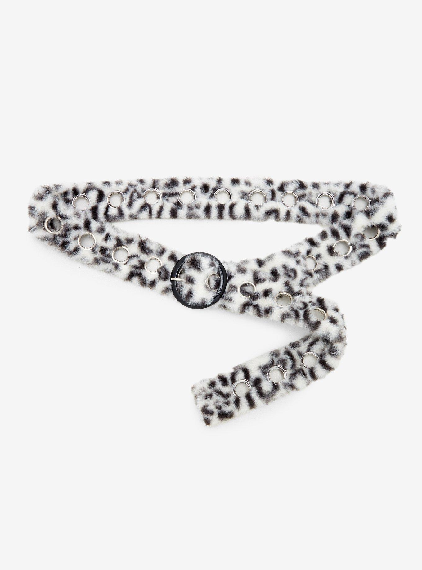 Black & White Cheetah Print Faux Fur Grommet Belt, , hi-res