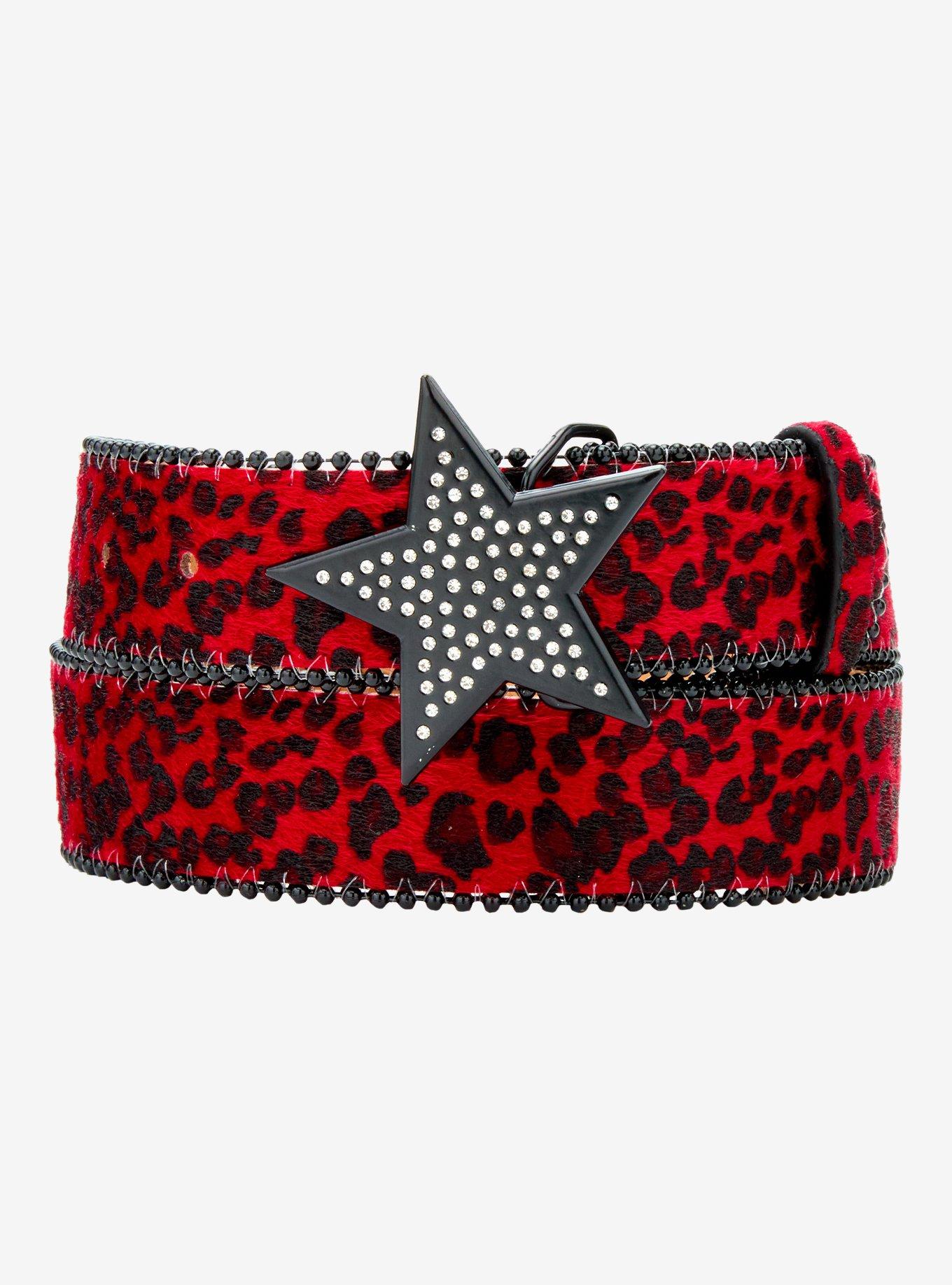 Red & Black Leopard Print Star Faux Fur Belt, , hi-res