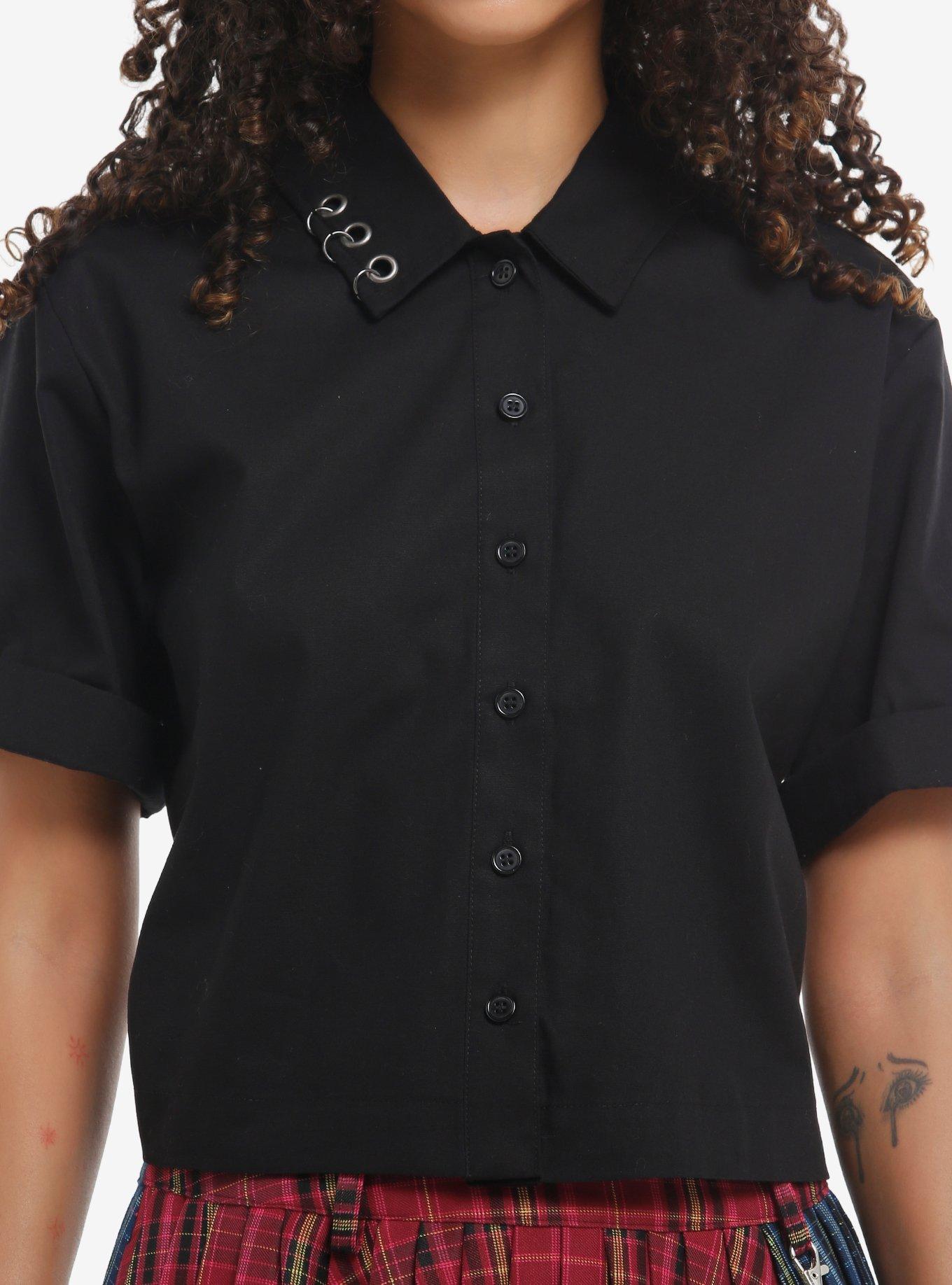 Social Collision Grommet Hardware Girls Crop Woven Button-Up, , hi-res