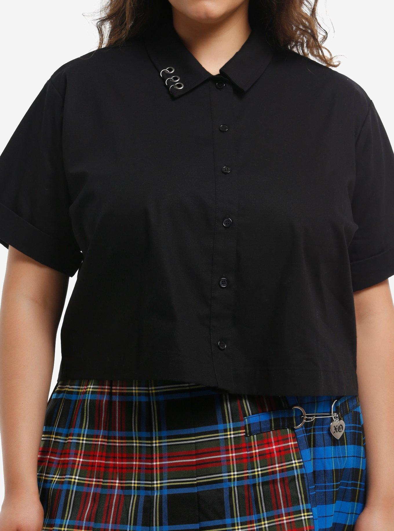 Social Collision Grommet Hardware Girls Crop Woven Button-Up Plus Size, , hi-res