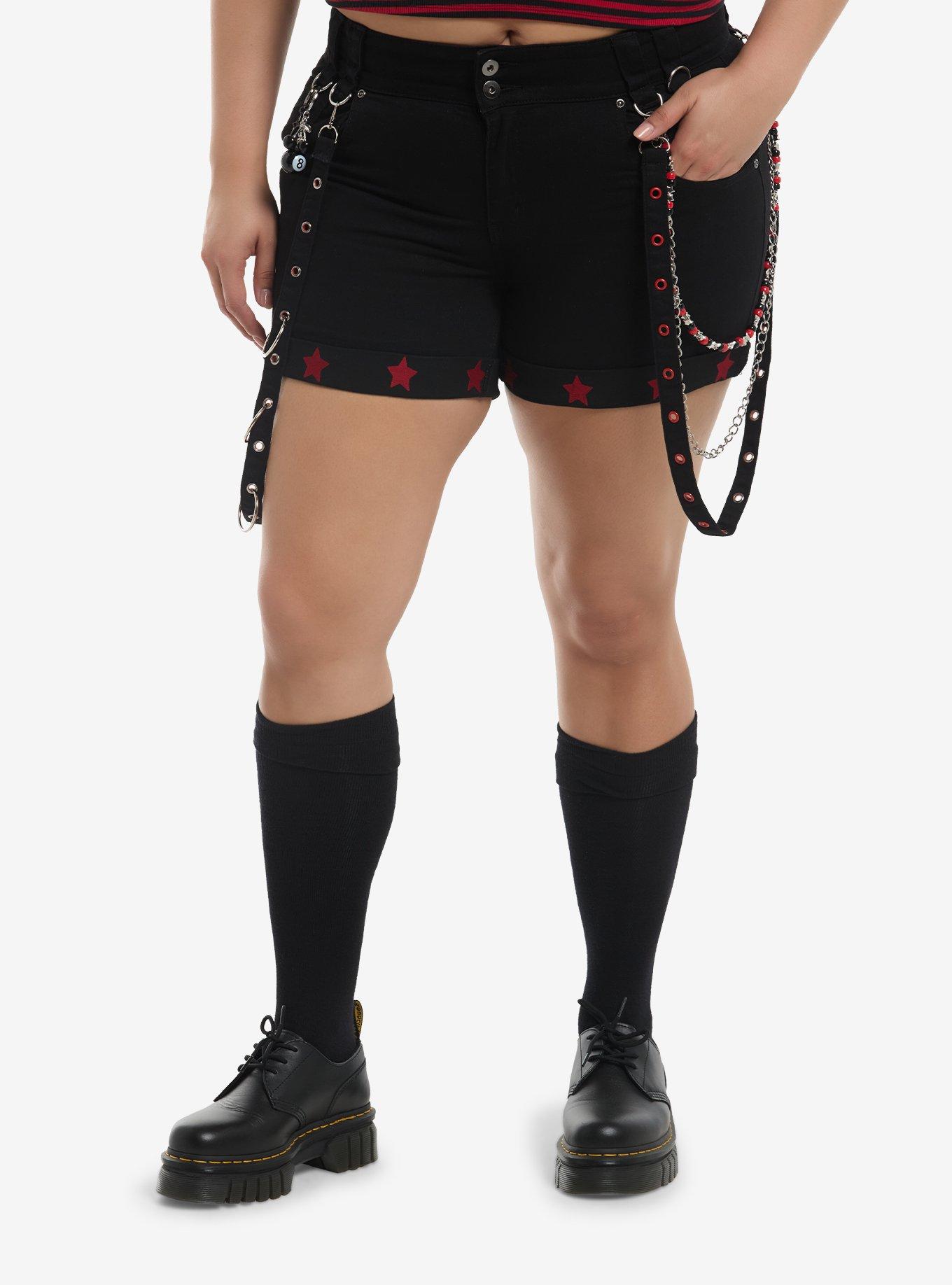 Social Collision Star Key Chain & Side Chains Suspender Shorts Plus Size, , hi-res