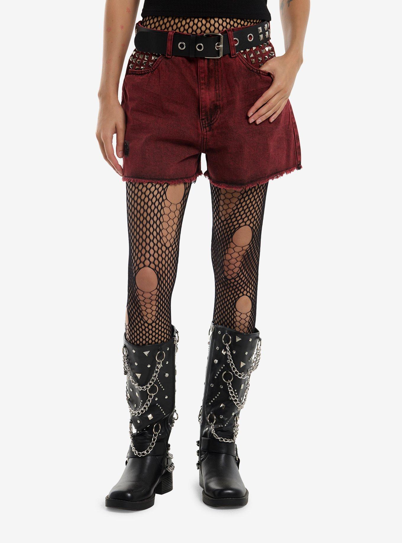 Social Collision Red Wash Pyramid Stud Shorts, , hi-res