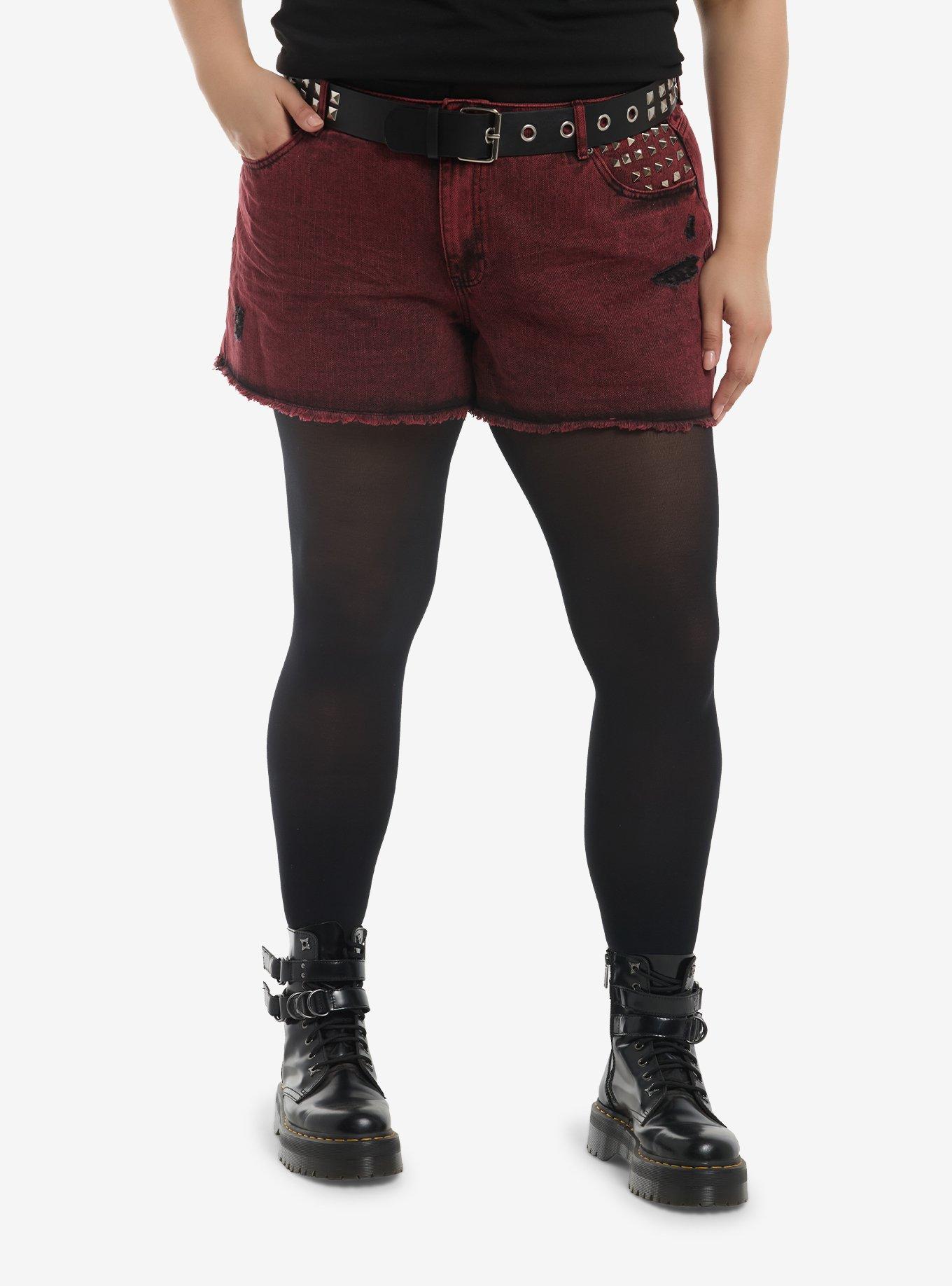 Social Collision Red Wash Pyramid Stud Girls Shorts Plus Size, , hi-res