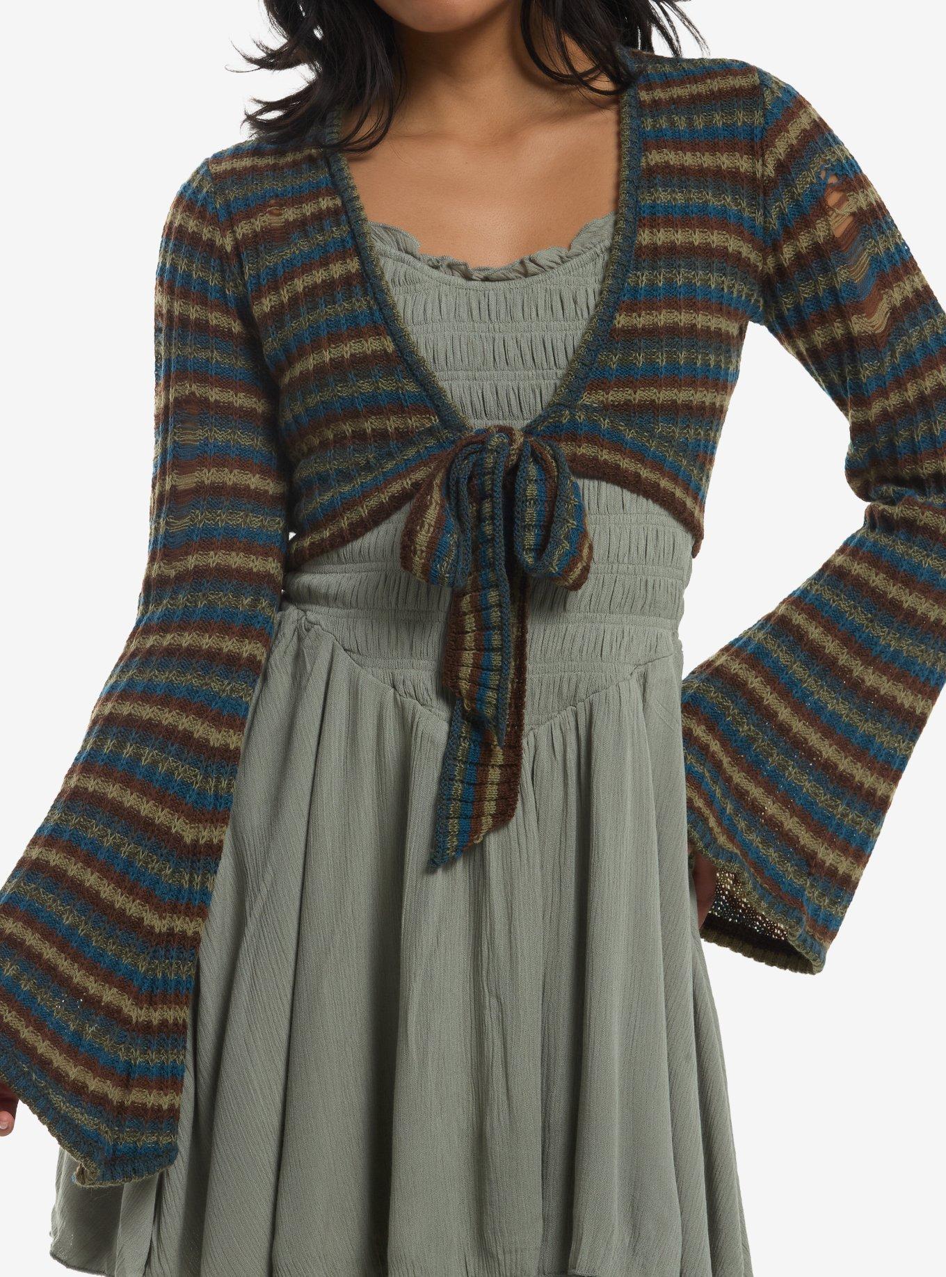 Thorn & Fable Green Blue & Brown Stripe Girls Knit Shrug, , hi-res