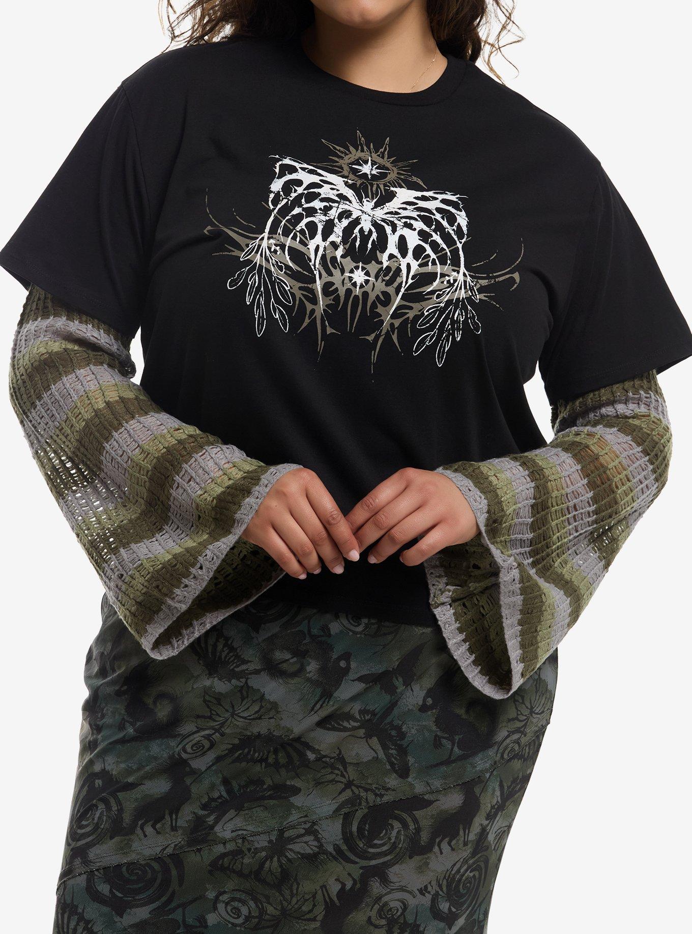 Thorn & Fable Cyber Moth Knit Sleeve Girls Twofer Top Plus Size
