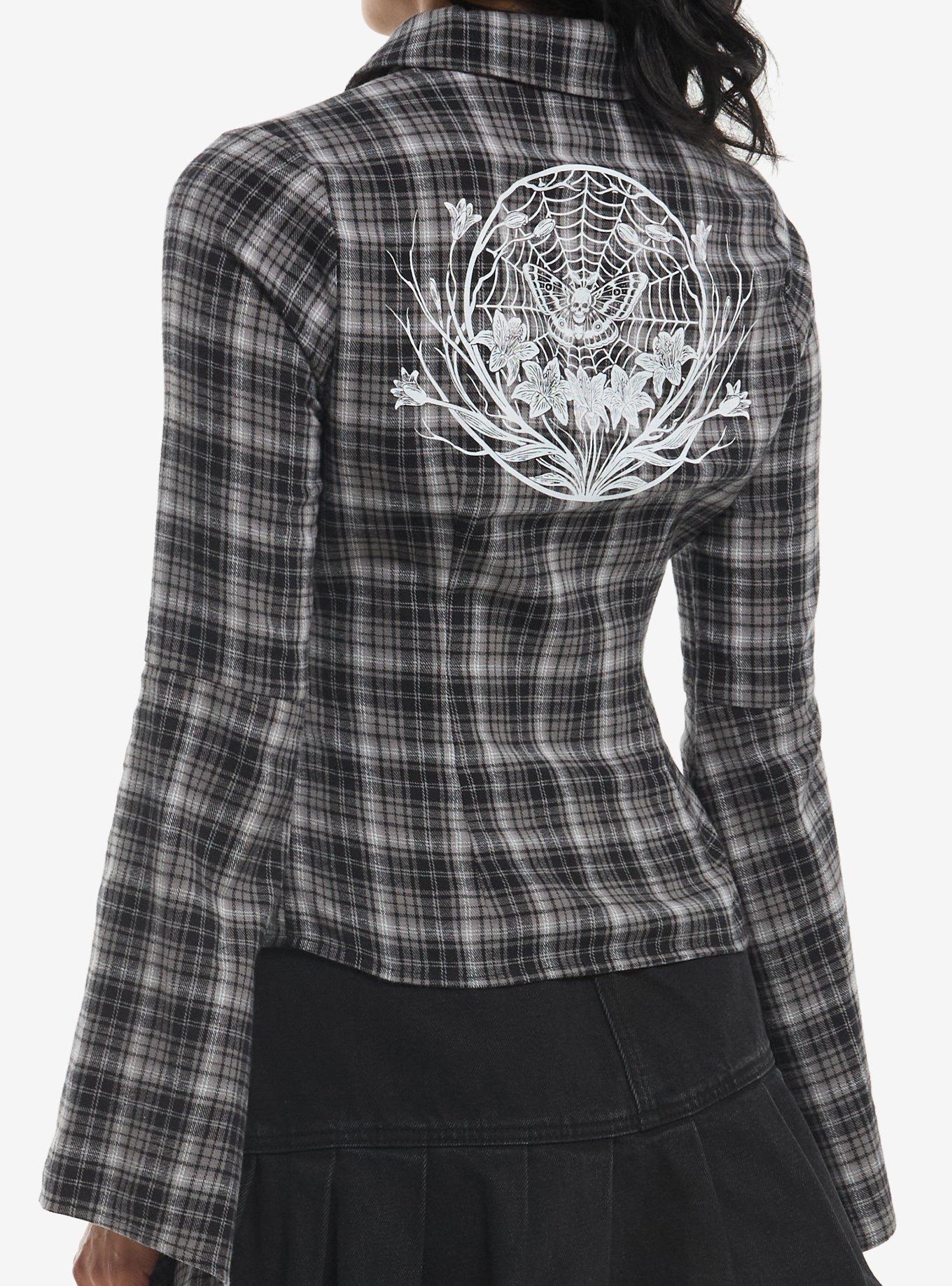 Cosmic Aura Black Plaid Floral Girls Long-Sleeve Woven Button-Up, , hi-res