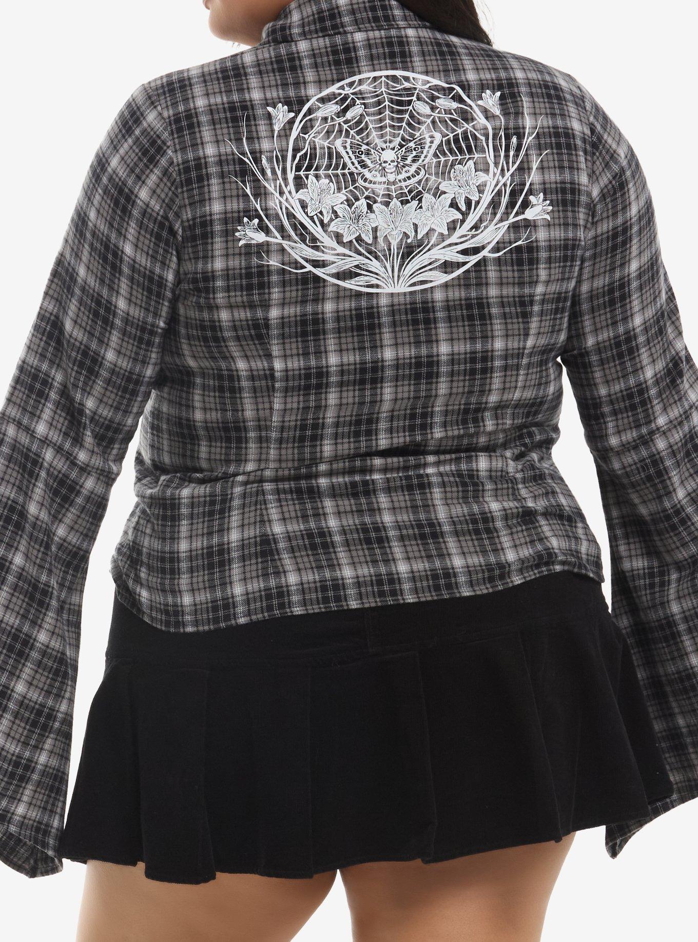 Cosmic Aura Black Plaid Floral Girls Long-Sleeve Woven Button-Up Plus Size
