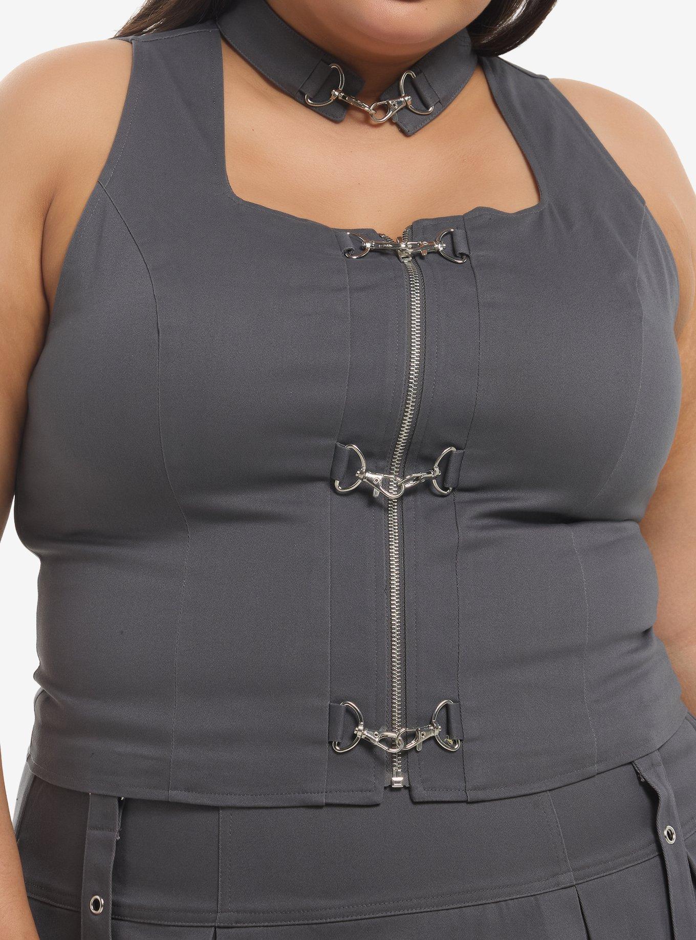 Social Collision Grey Zipper Cutout Girls Tank Top Plus Size, , hi-res