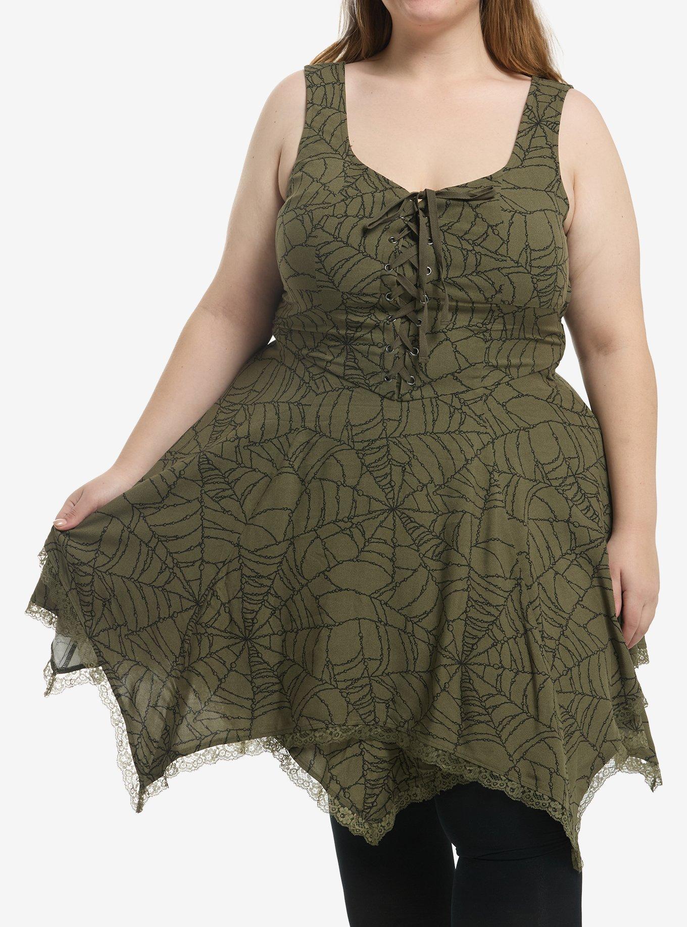 Cosmic Aura Green Chain Spiderweb Hanky Hem Dress Plus Size, , hi-res
