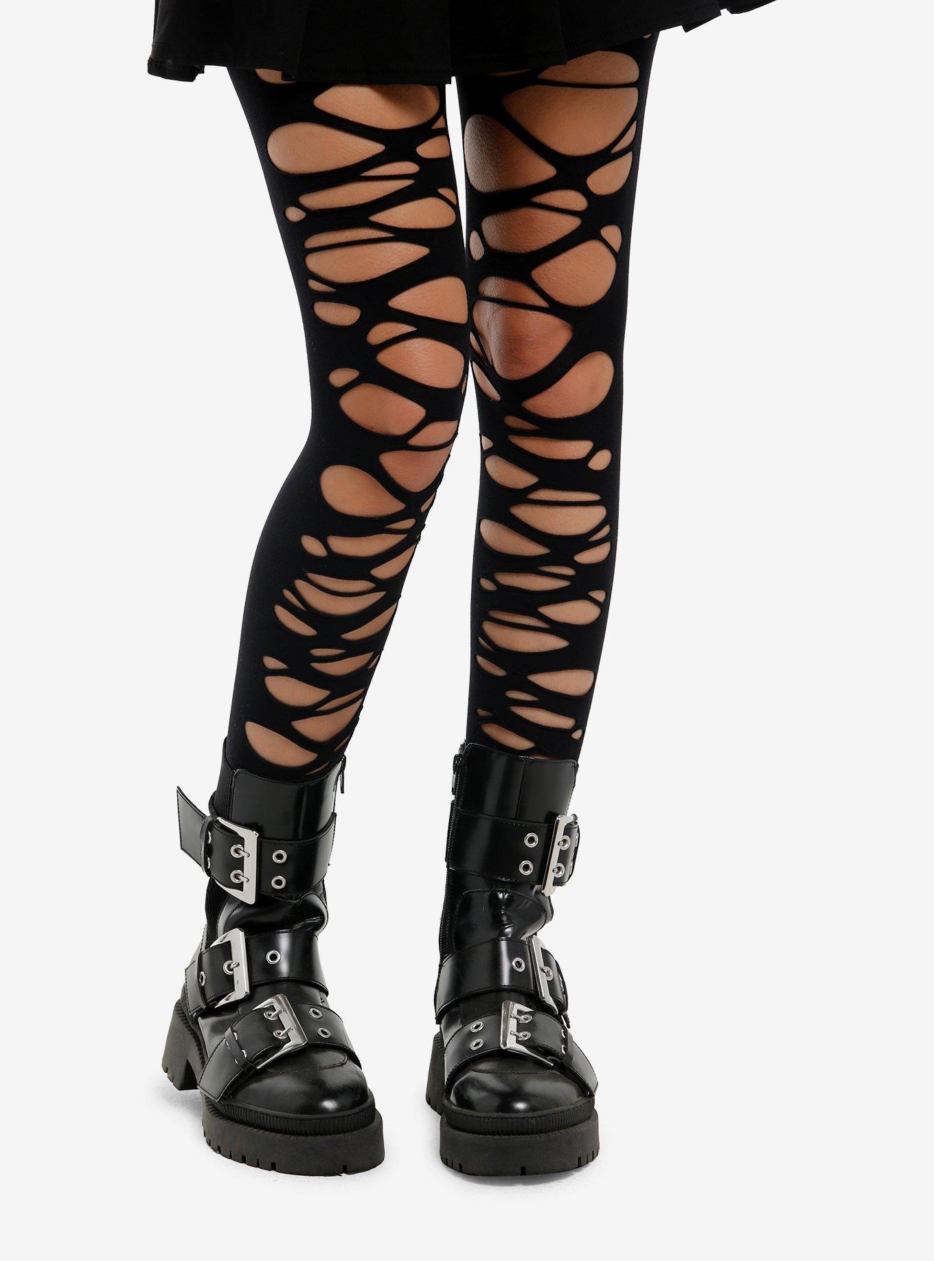 Black Destructed Footless Tights, , hi-res