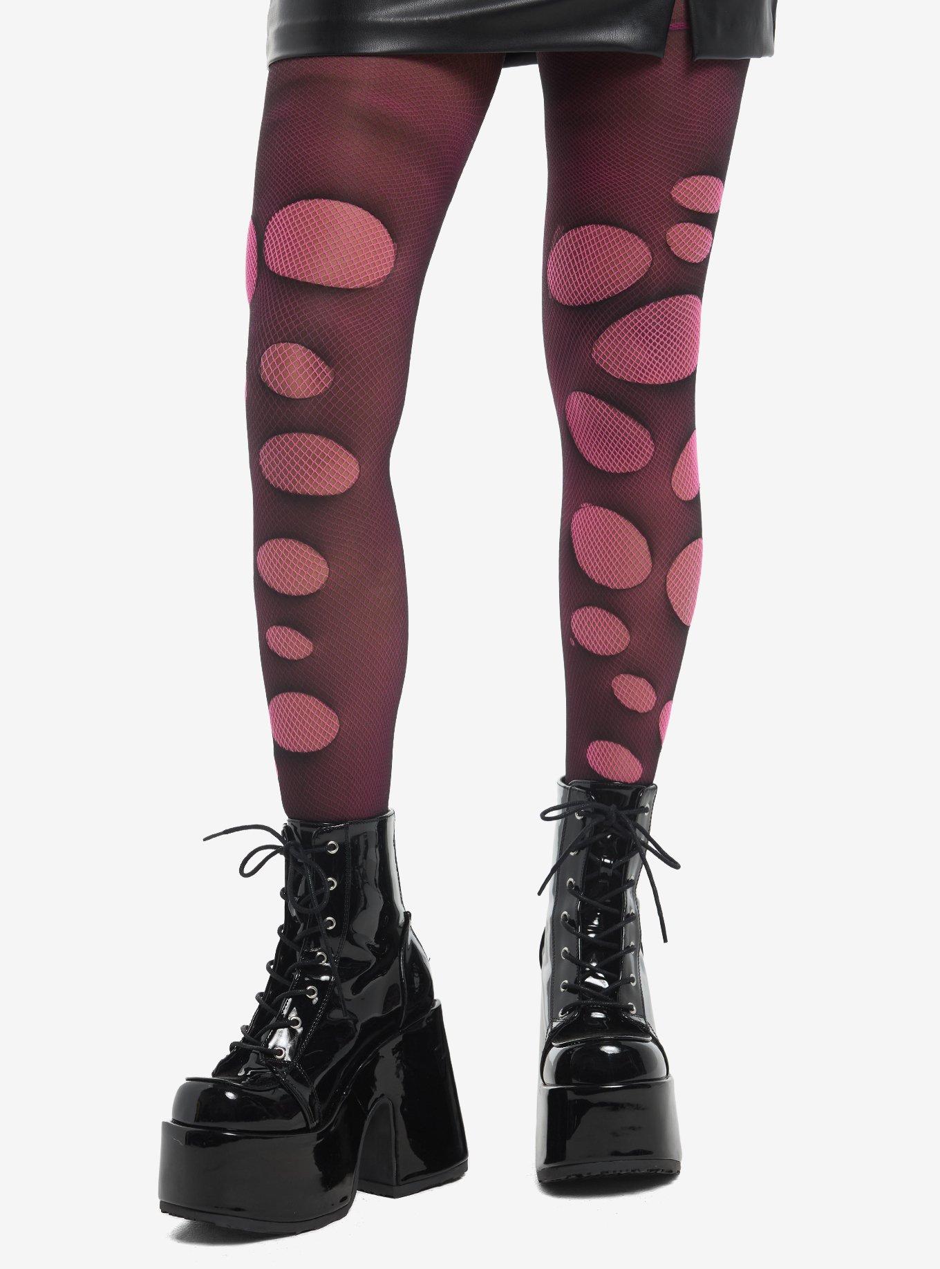 Pink & Black Destructed Fishnet Layered Tights, , hi-res