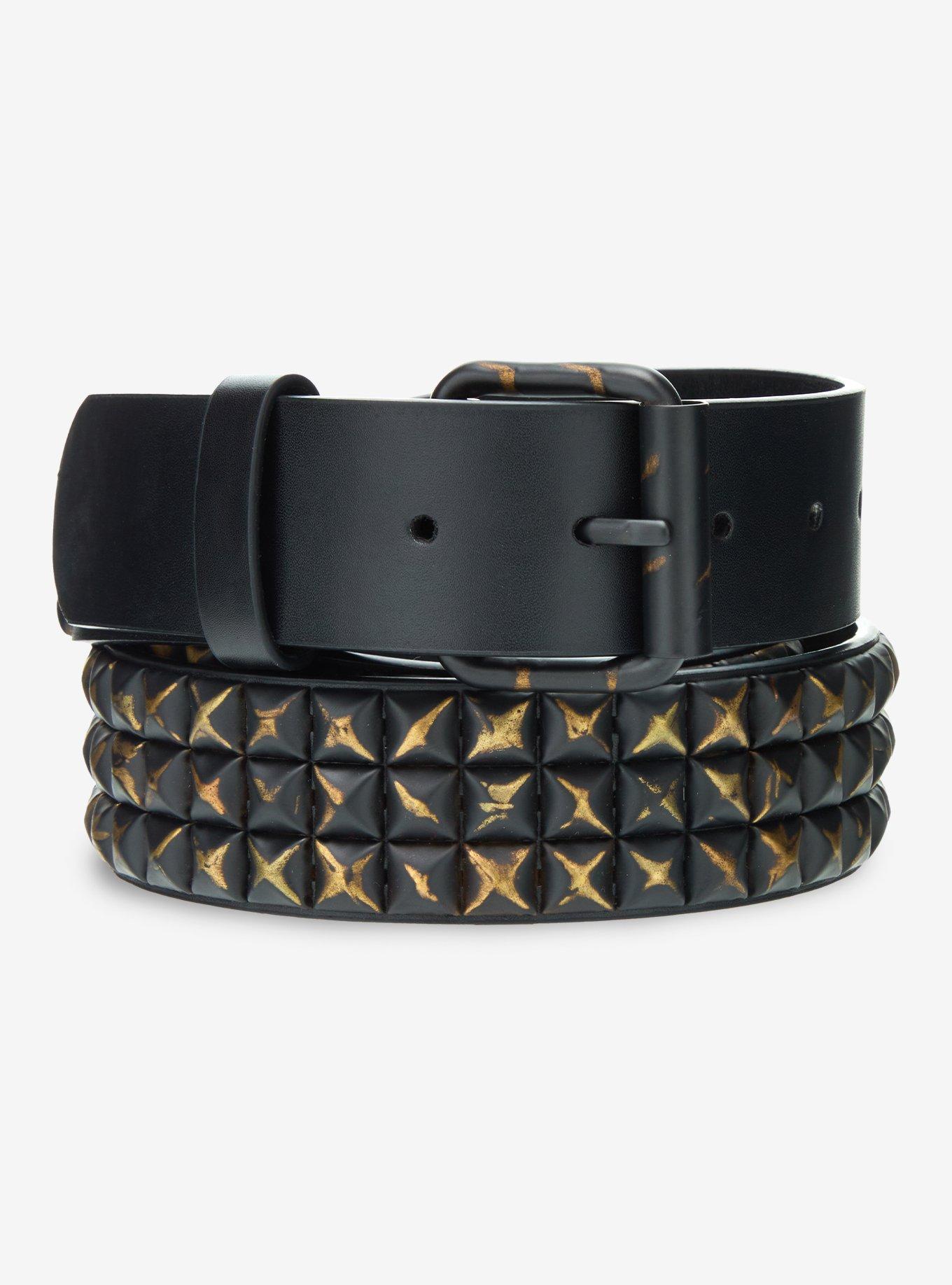 Black & Bronze Three Row Pyramid Stud Belt, , hi-res