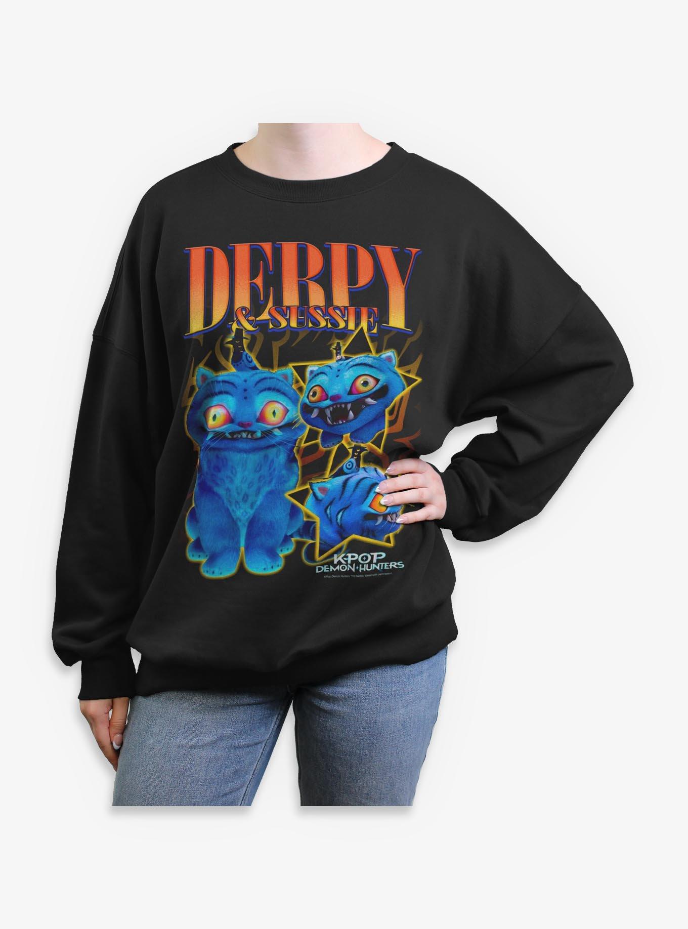 KPop Demon Hunters Derpy Tiger And Sussie Bird Collage Girls Oversized Sweatshirt