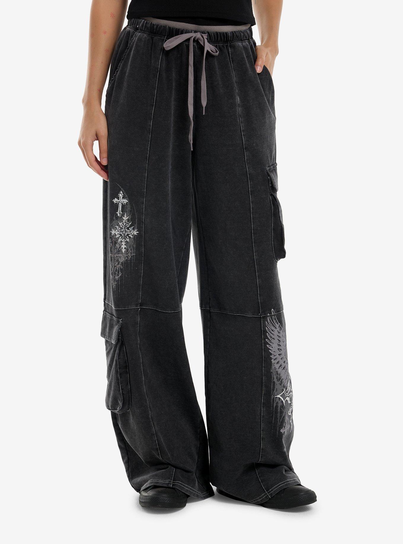 Grey Gothic Cross Cargo Wide Leg Sweatpants, , hi-res