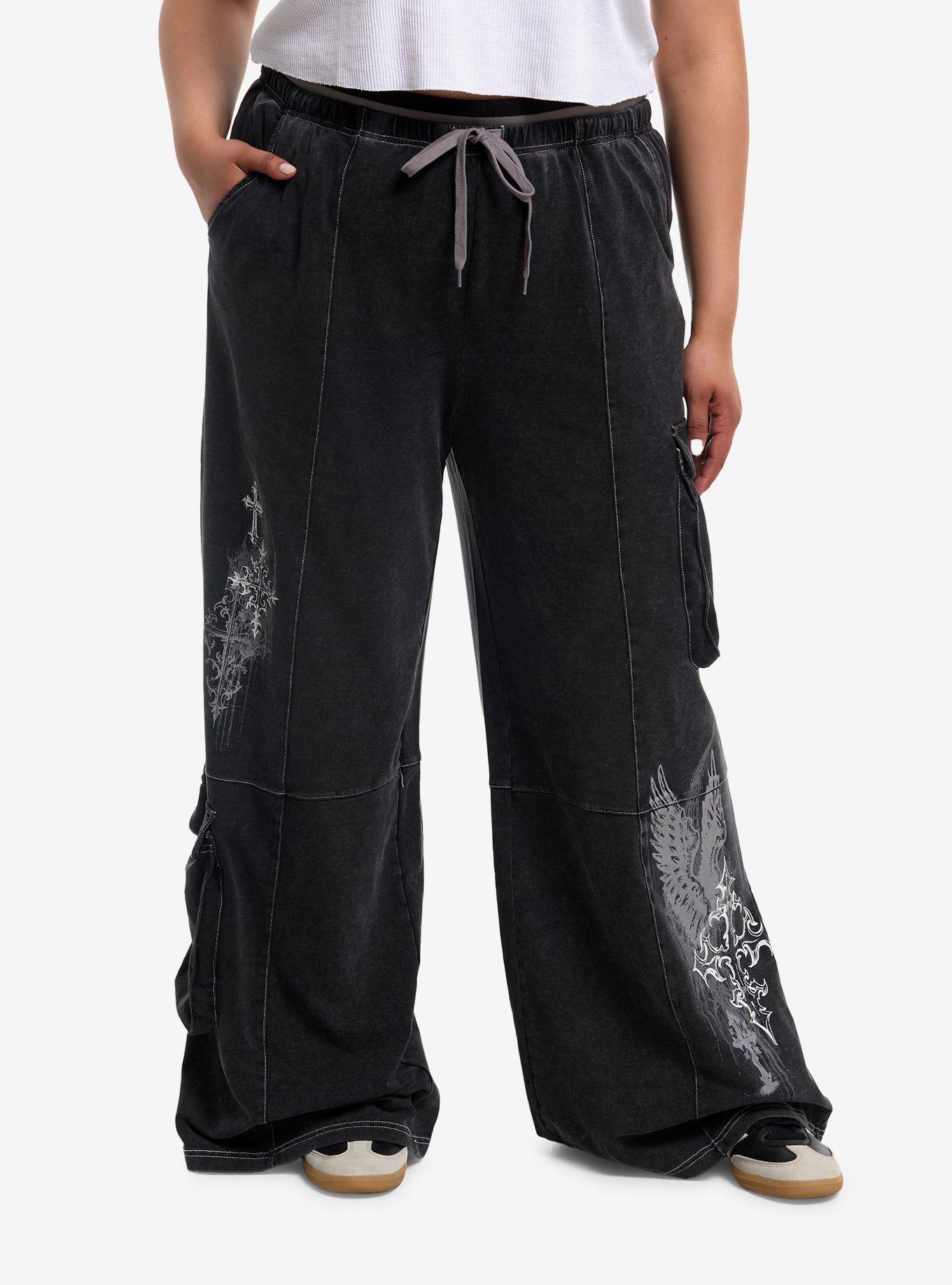 Grey Gothic Cross Cargo Girls Wide Leg Sweatpants Plus Size, , hi-res