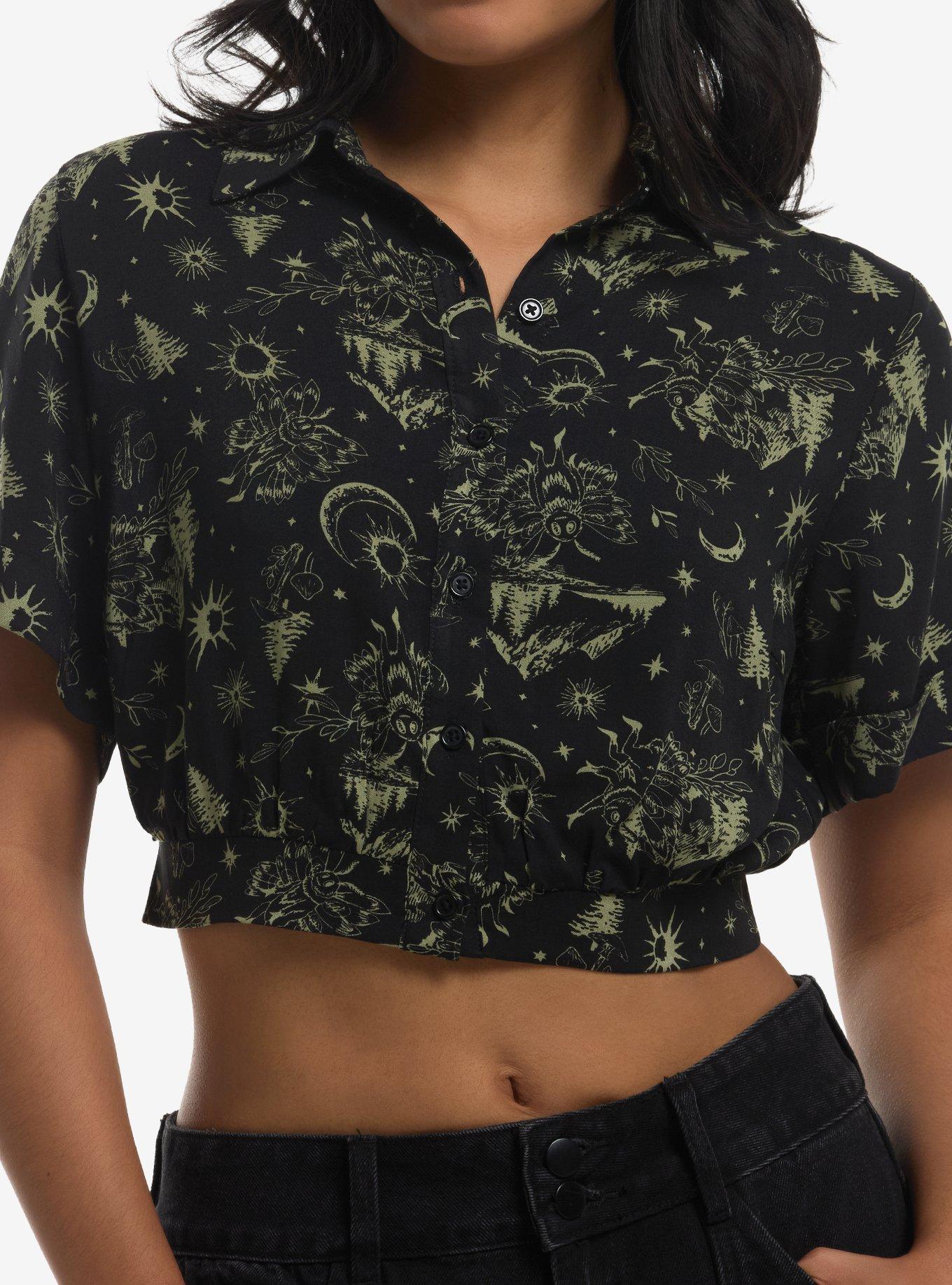 Thorn & Fable Cryptid Forest Girls Crop Woven Button-Up